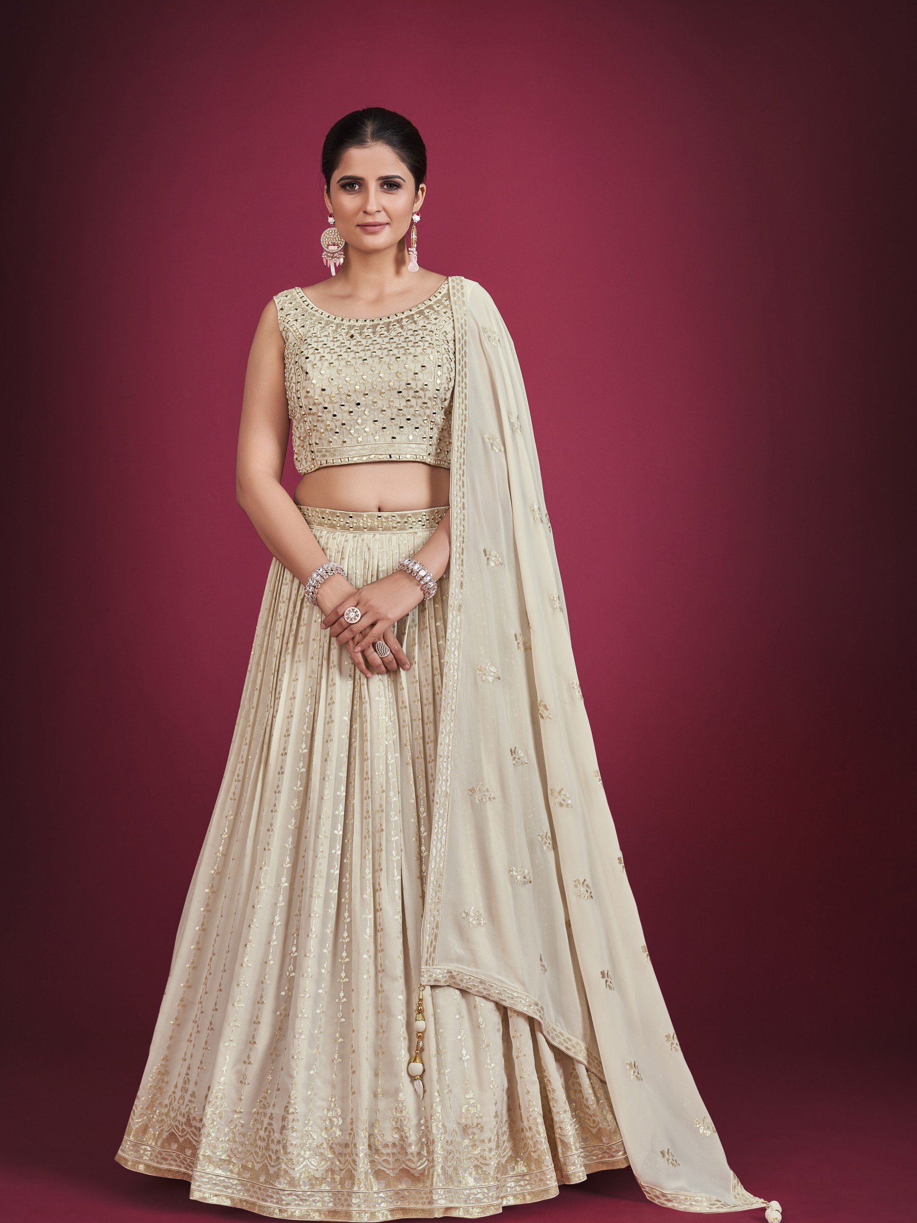 Georgette  Fabrics Party Wear Lehenga in Beige Color With Embroidery Work 