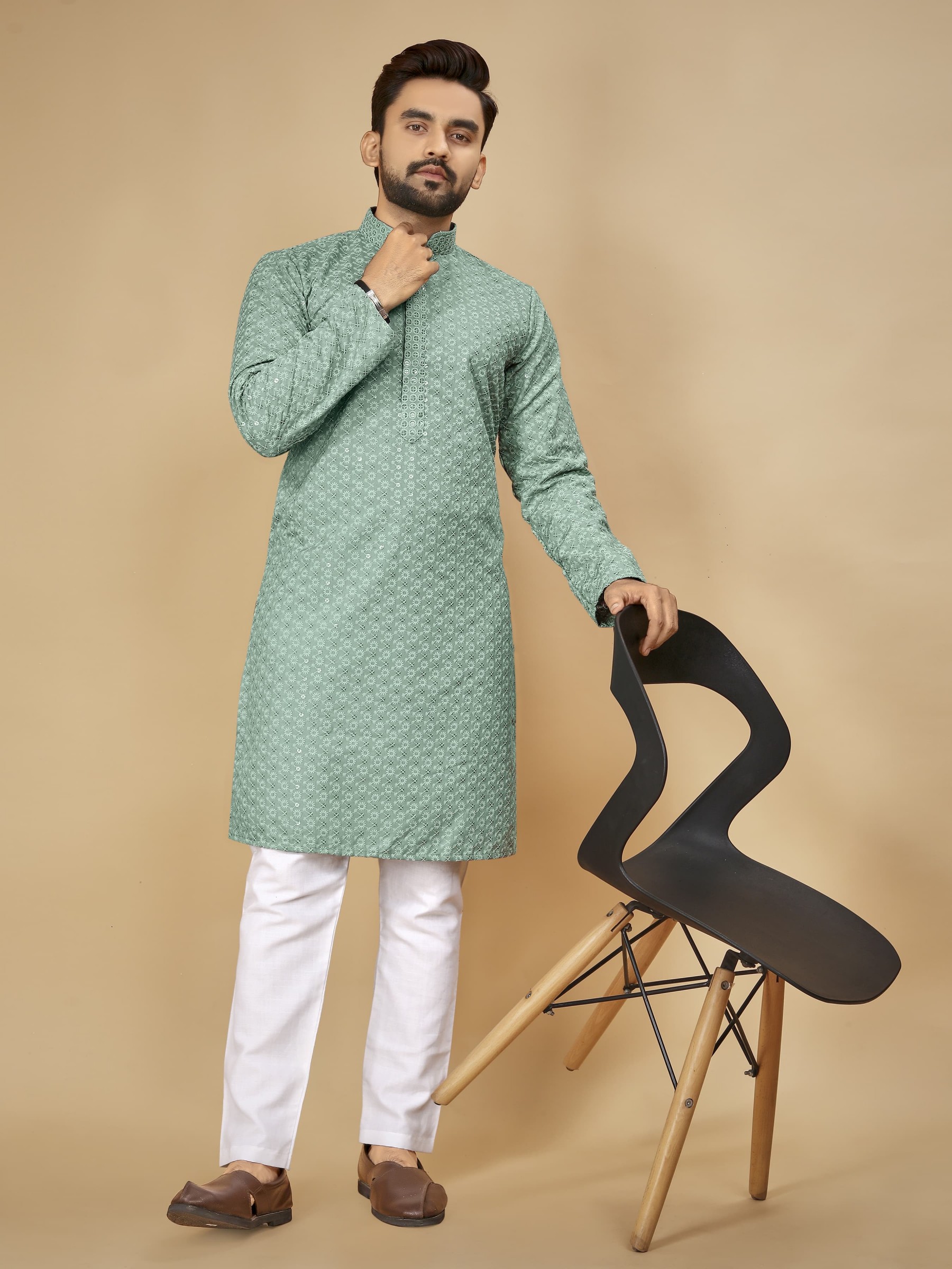 Rayon Silk Readymade Kurta set in with Sea Green Color Lucknowi with Sequence