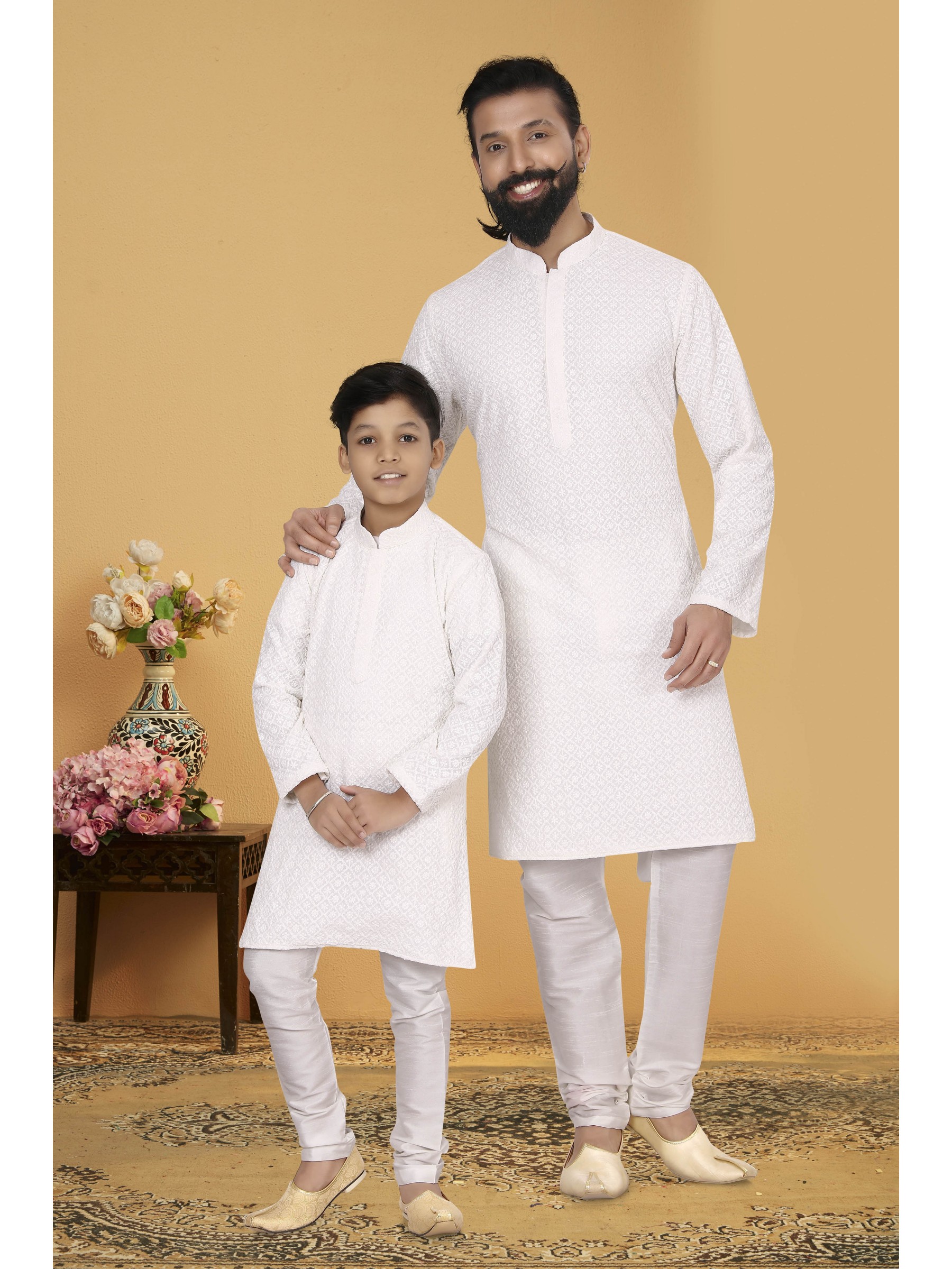 Georgette Fabrics Father & Son Combo Kurta Set In White With Embordiery Work 