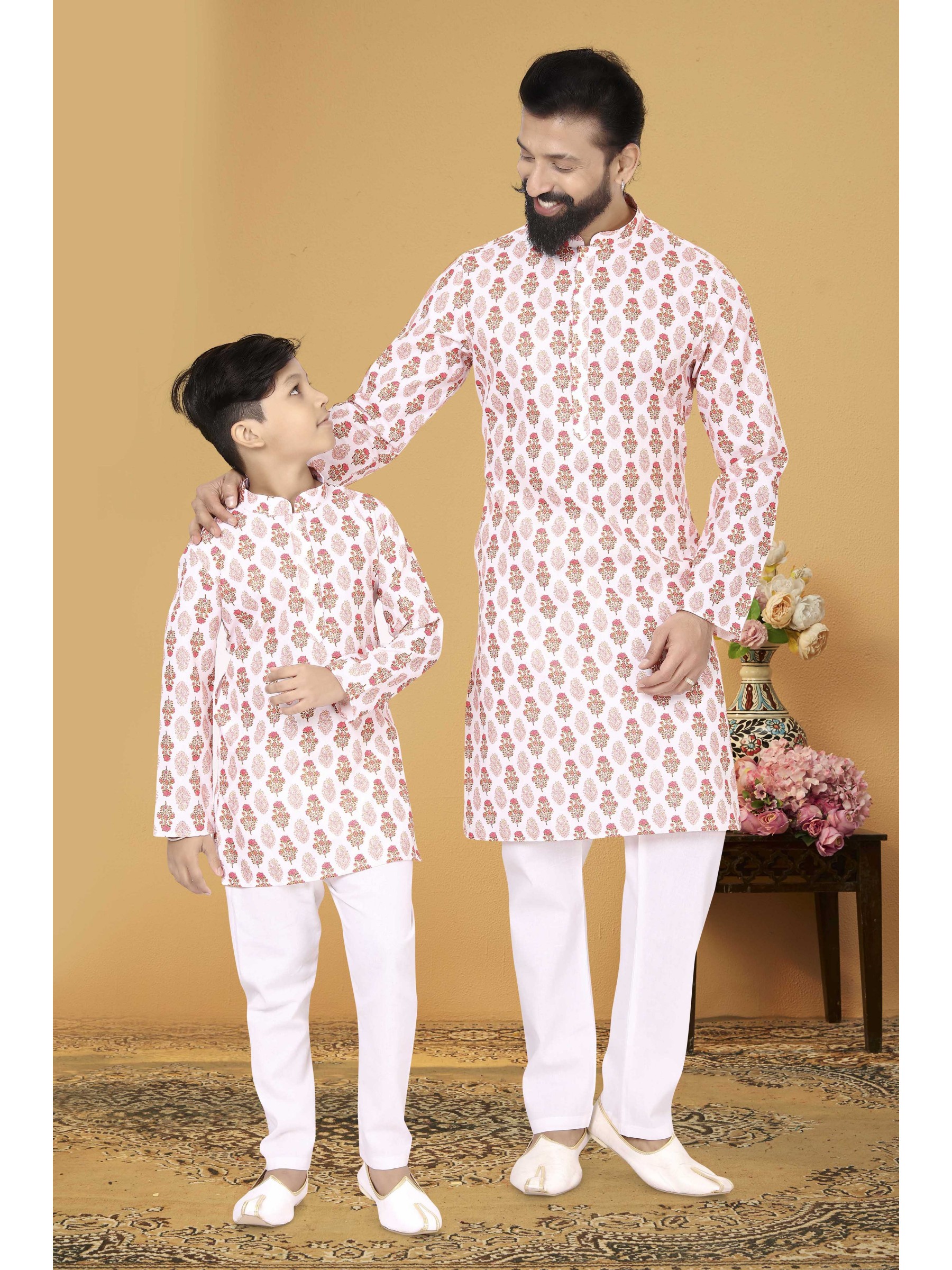 Cotton Printed Father & Son Combo Kurta Set In Light Pink 