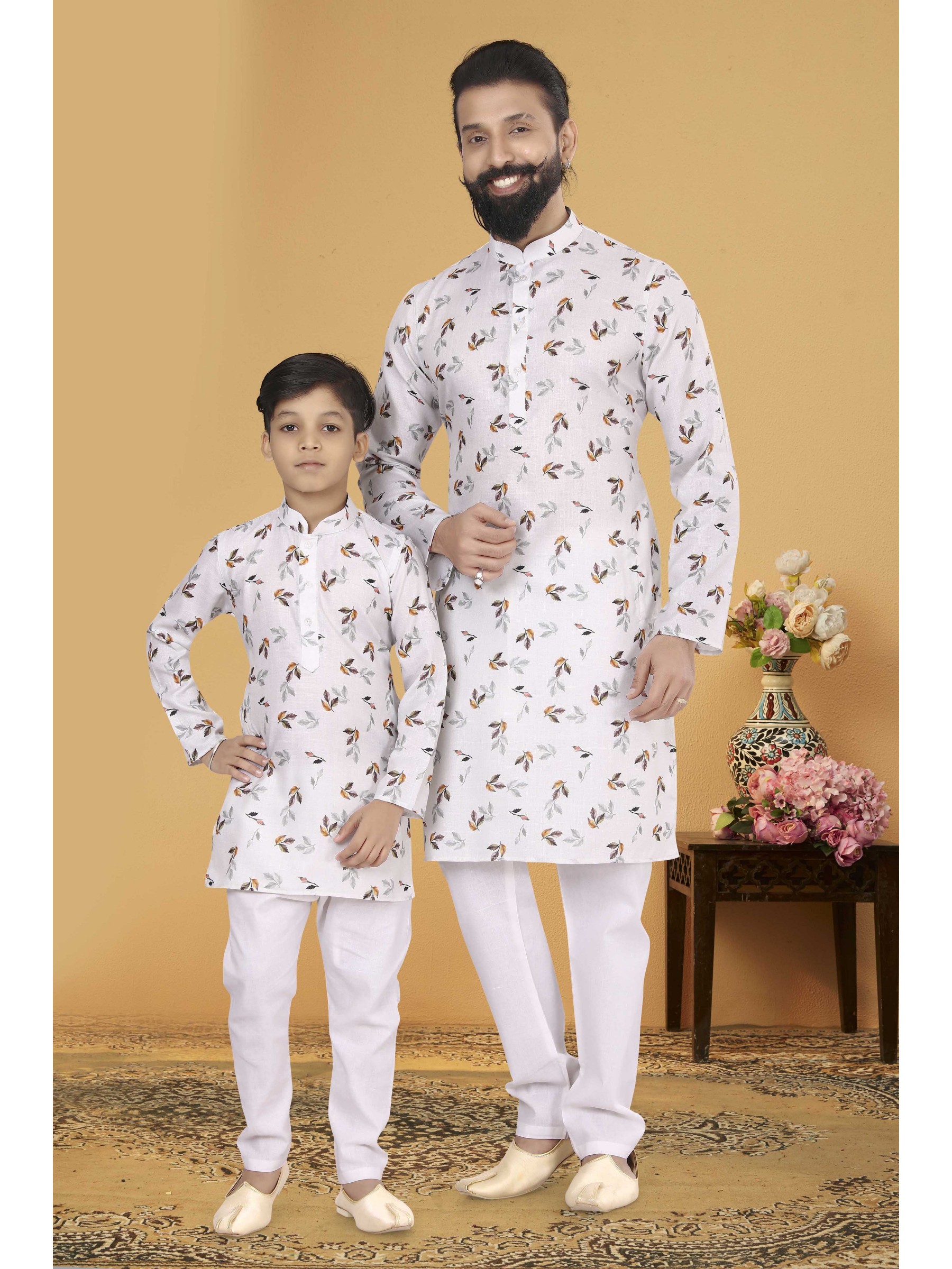 Cotton Printed Father & Son Combo Kurta Set In Off White 