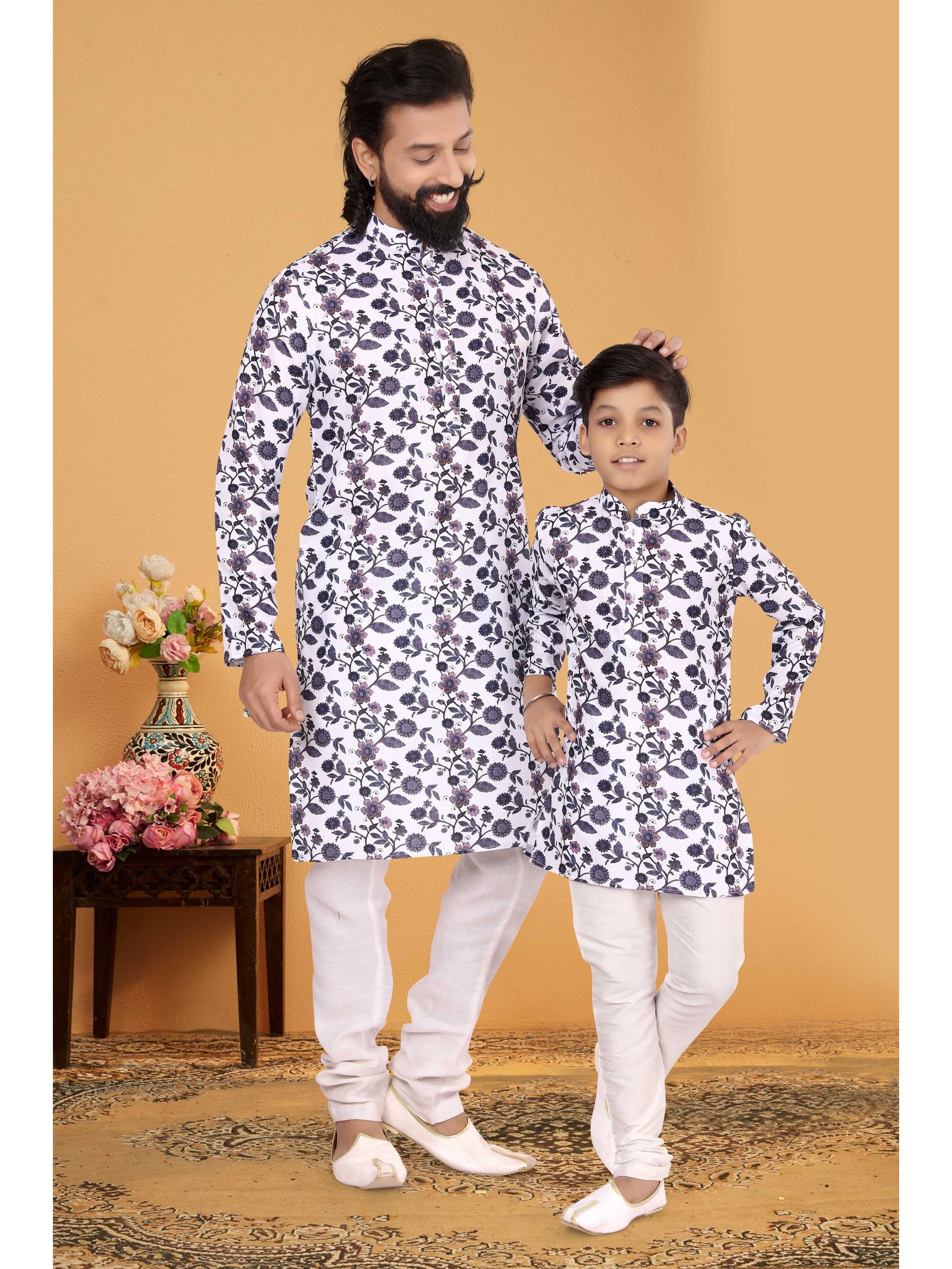 Cotton Printed Father & Son Combo Kurta Set In Off white 
