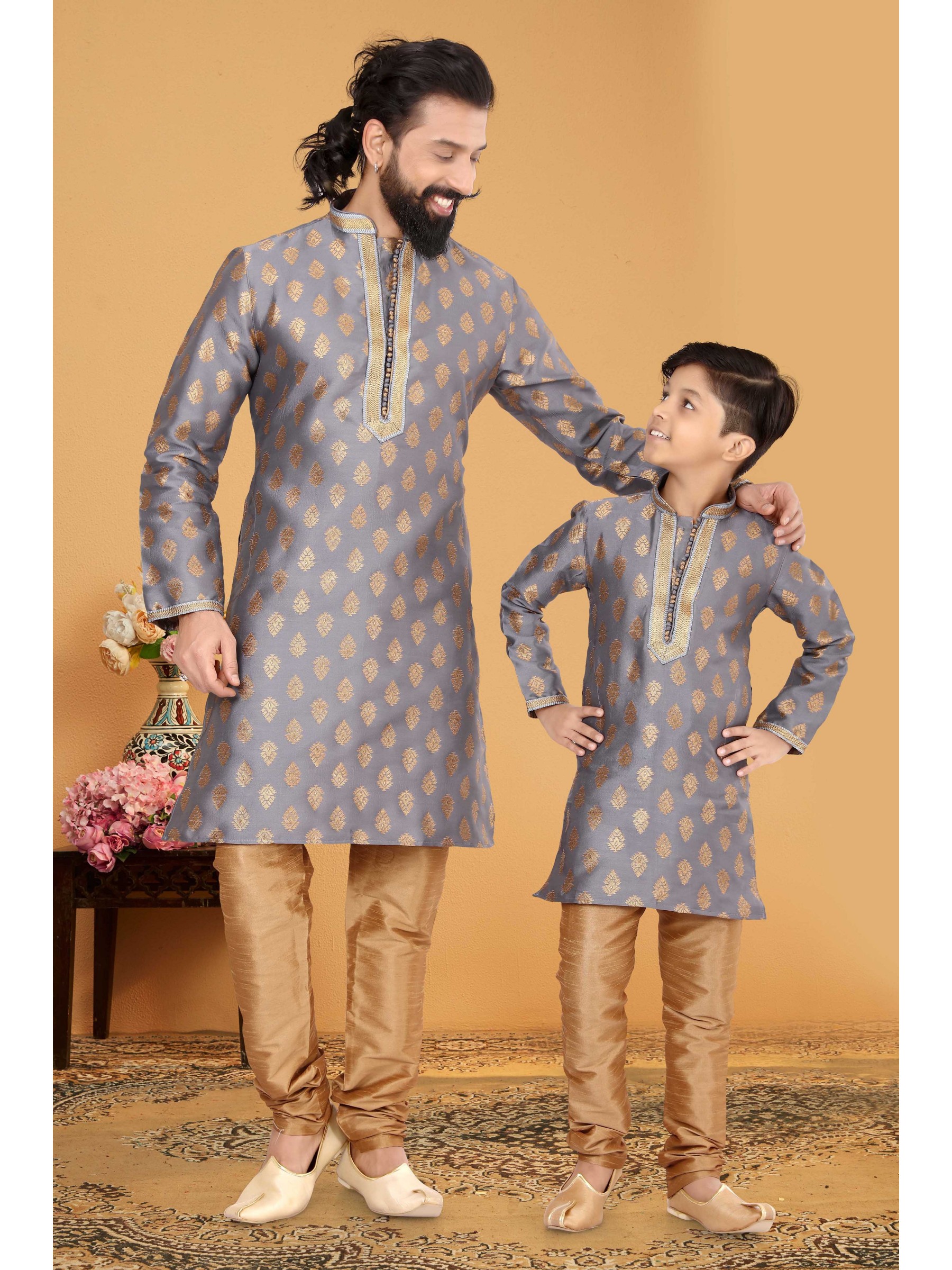 Jacquard Silk Father & Son Combo Kurta Set In Grey With Golden 