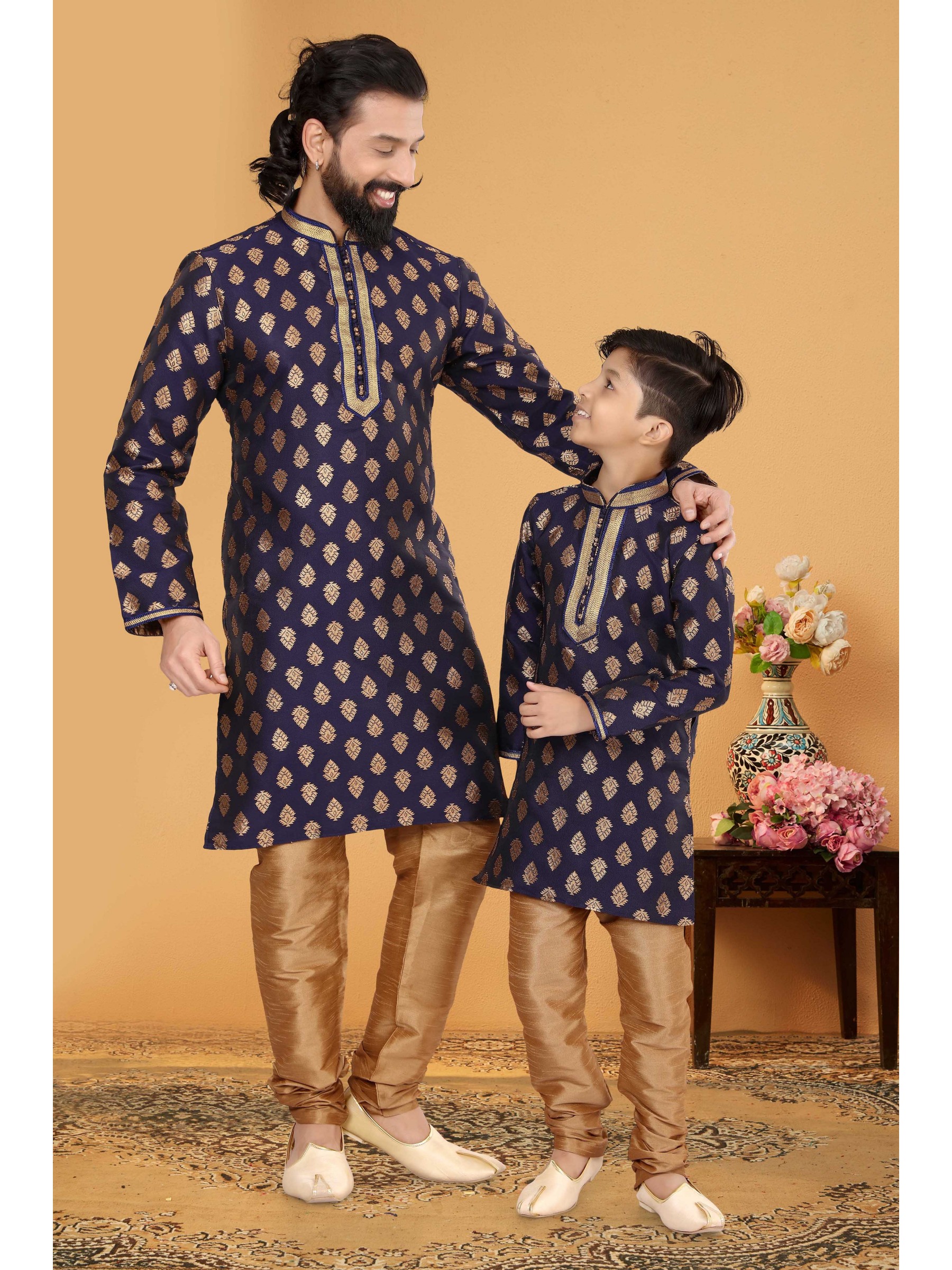 Jacquard Silk Father & Son Combo Kurta Set In Blue With Golden 