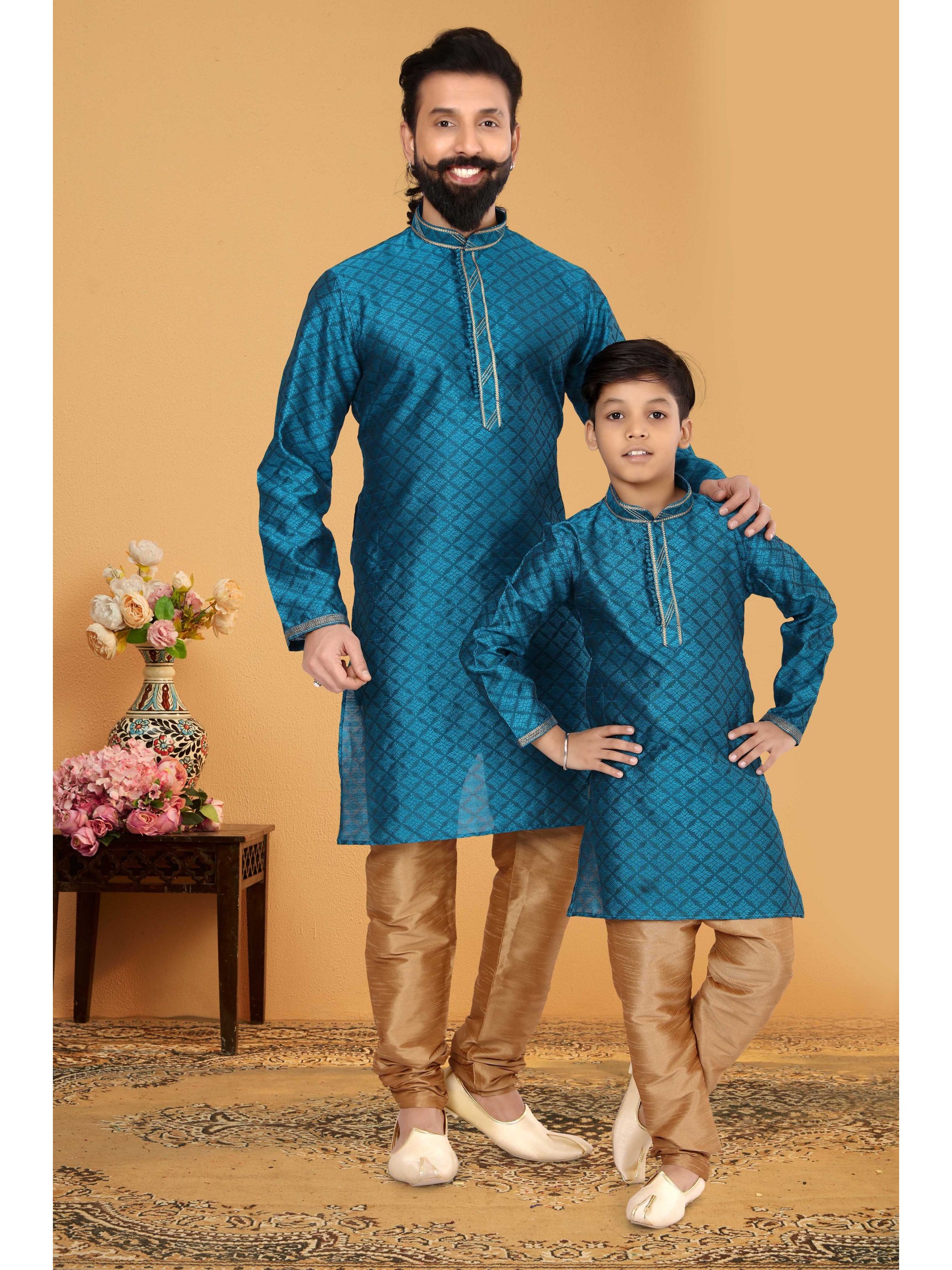 Heritage Silk Father & Son Combo Kurta Set In Teal Blue 
