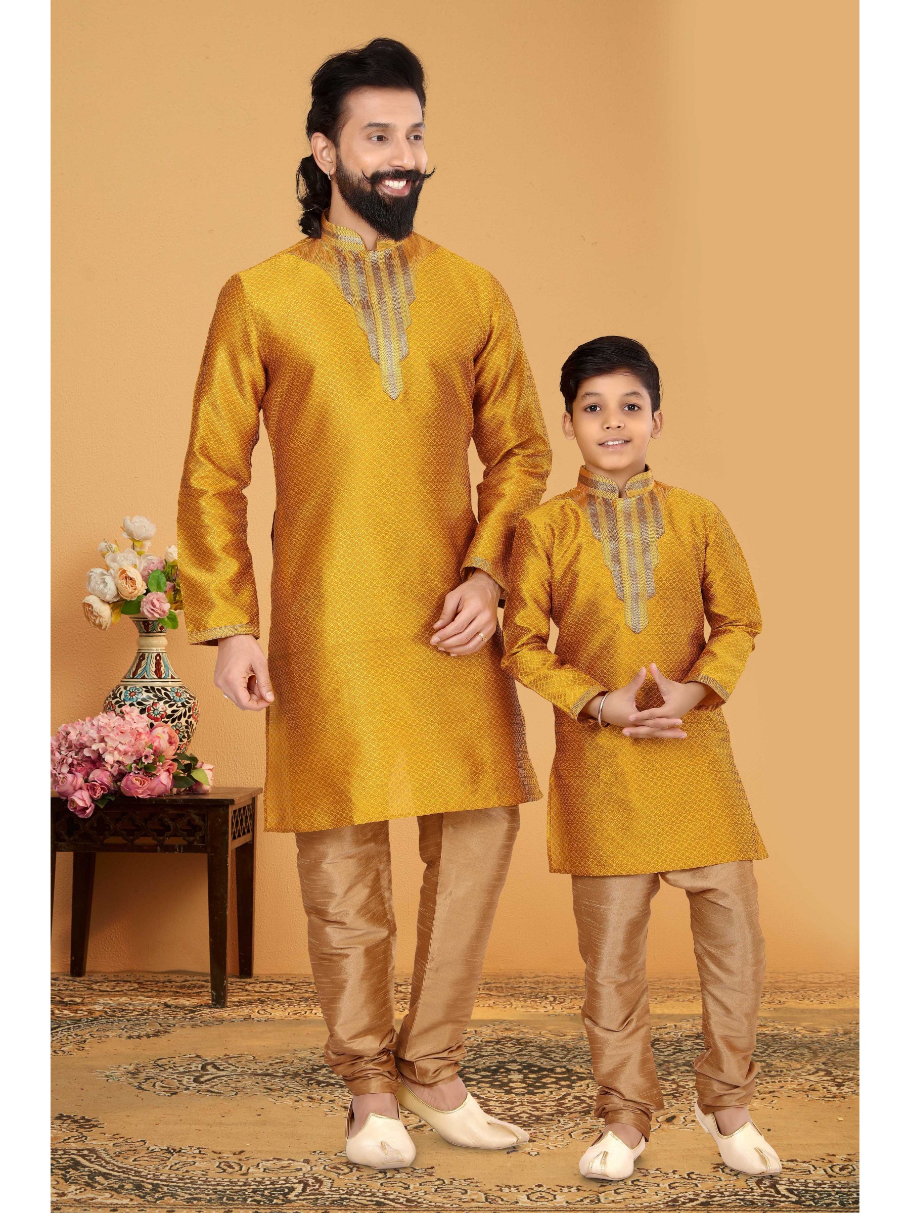 Heritage Silk Father & Son Combo Kurta Set In Yellow 