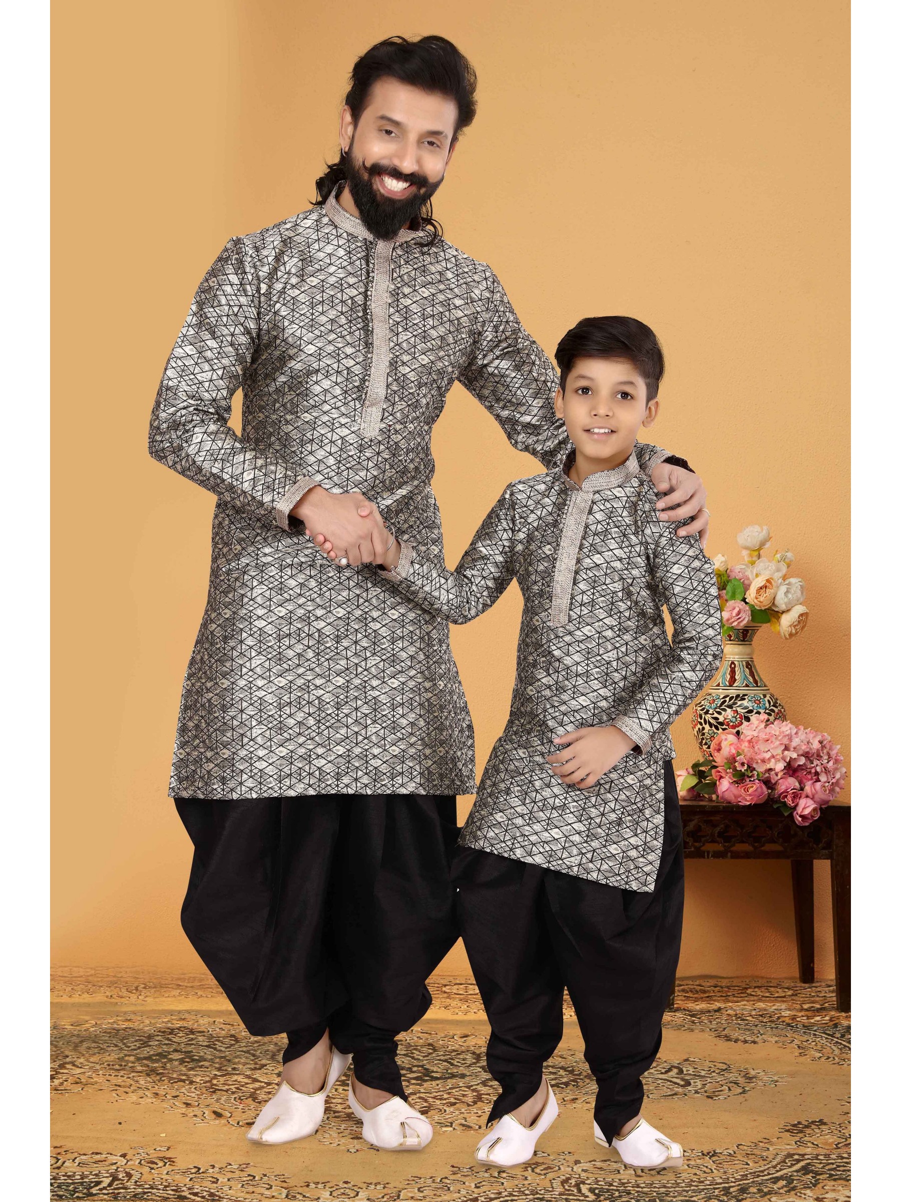 Jacquard Silk Father & Son Combo Kurta Set In Silver & Black 