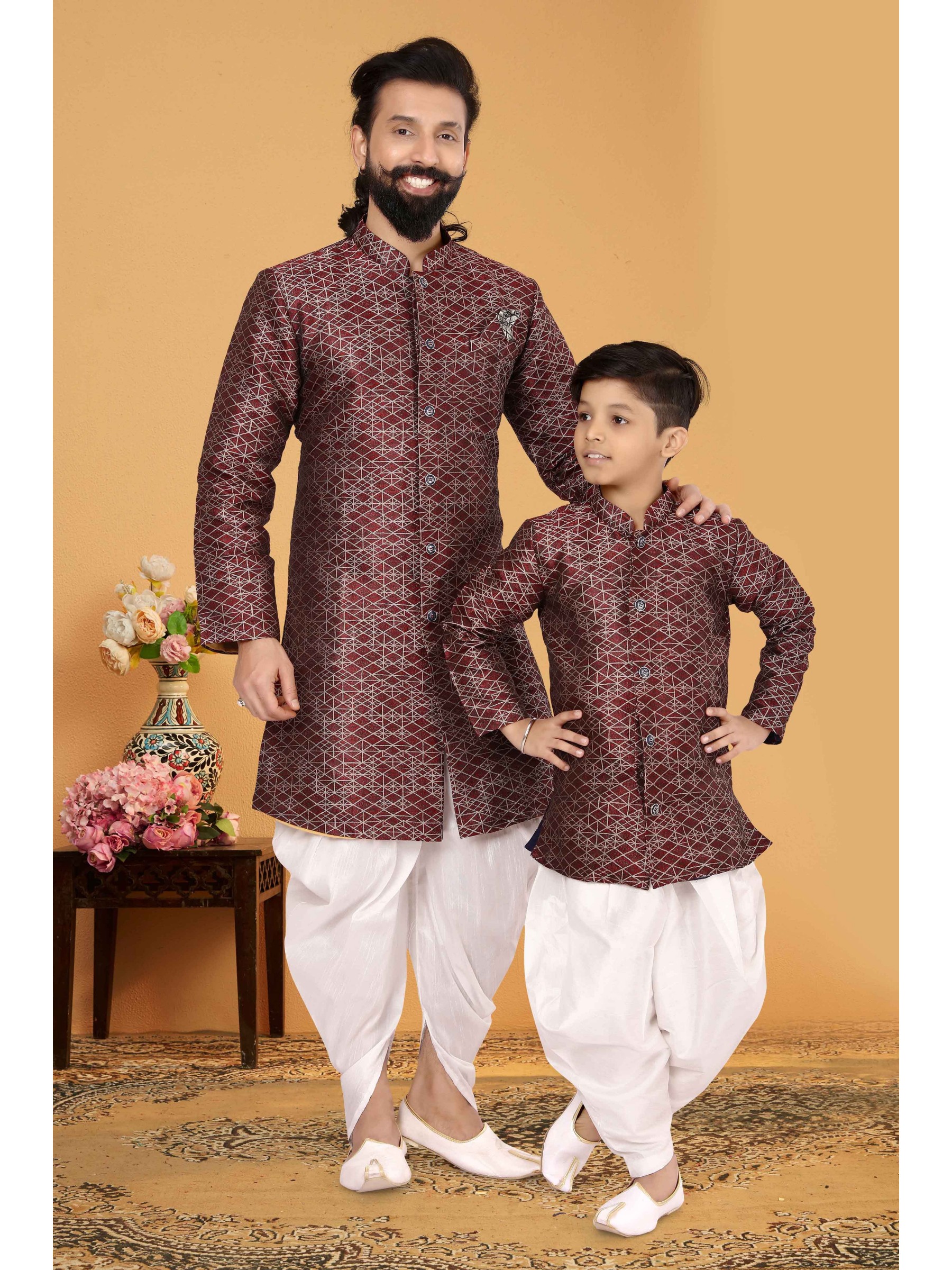 Jacquard Silk Father & Son Combo Kurta Set In Maroon & White 