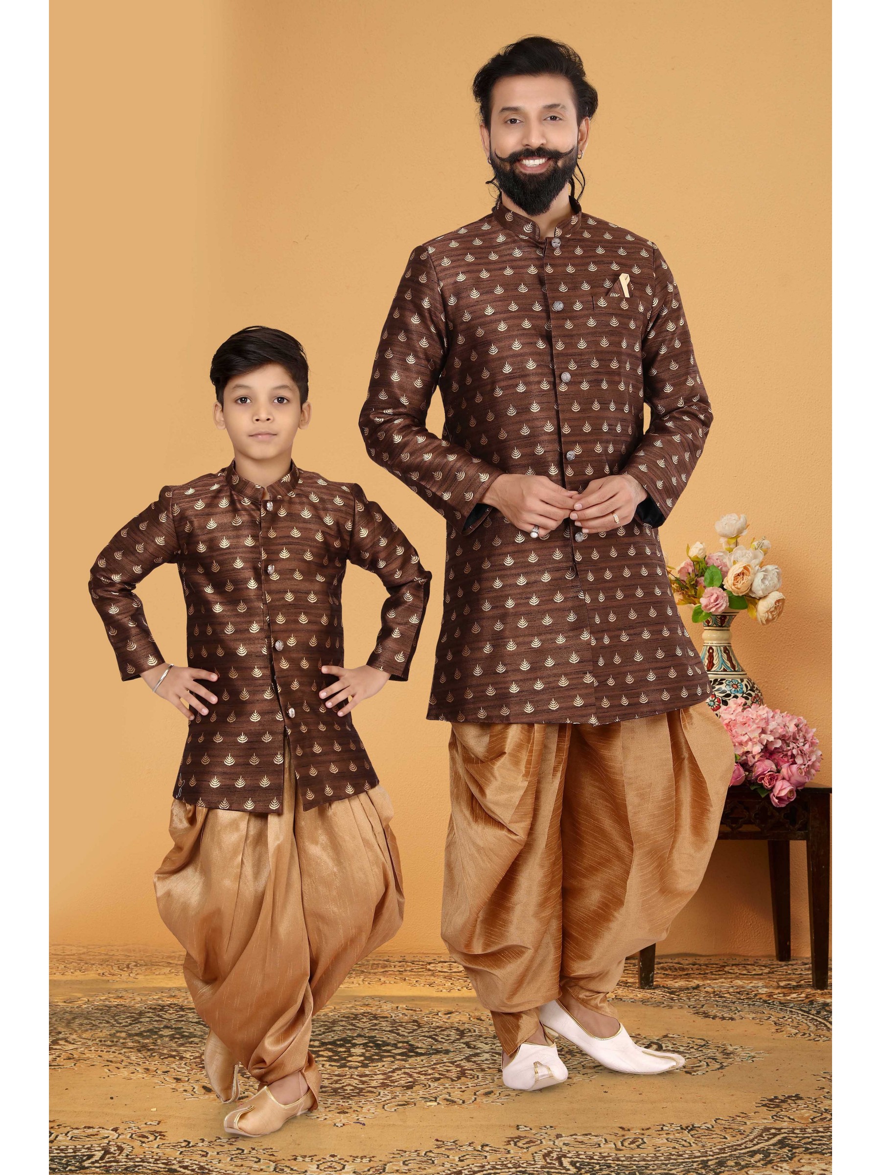 Jacquard Silk Father & Son Combo Kurta Set In Brown 