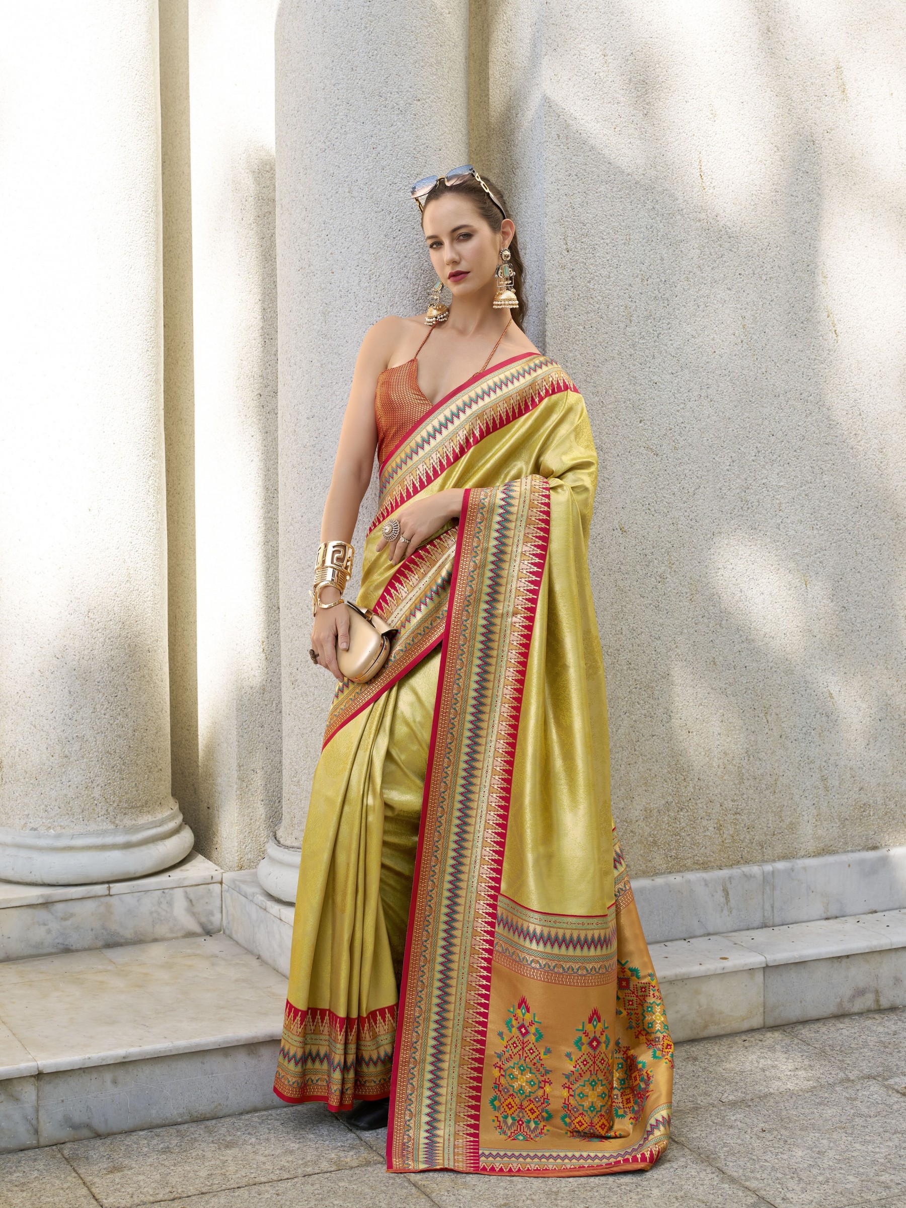 Tissue Silk Party wear Saree In Yellow Color with Zari Weaving 