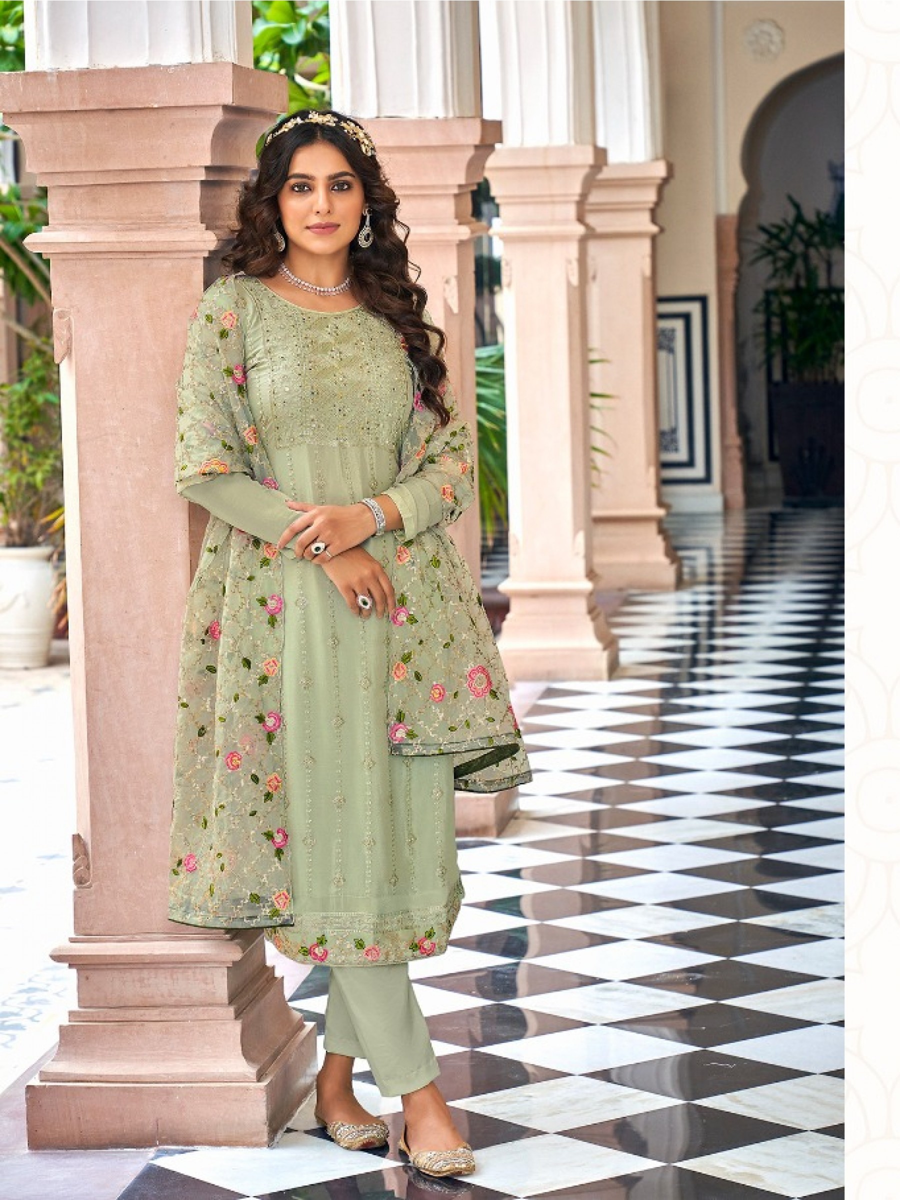 Real Georgette Party Wear Suit Green Color with  Embroidery Work