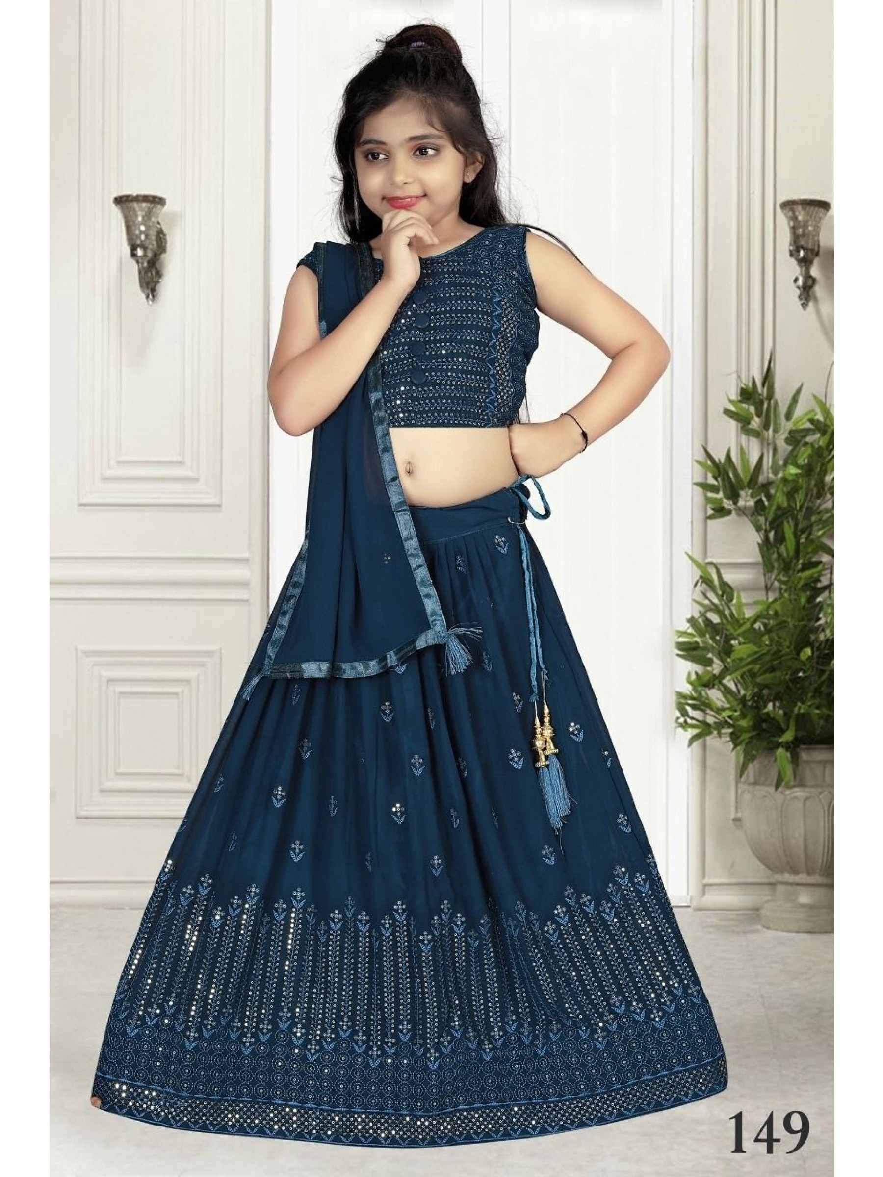 Georgette  Party Wear Kids Lehenga In Teal Blue With Embroidery Work 