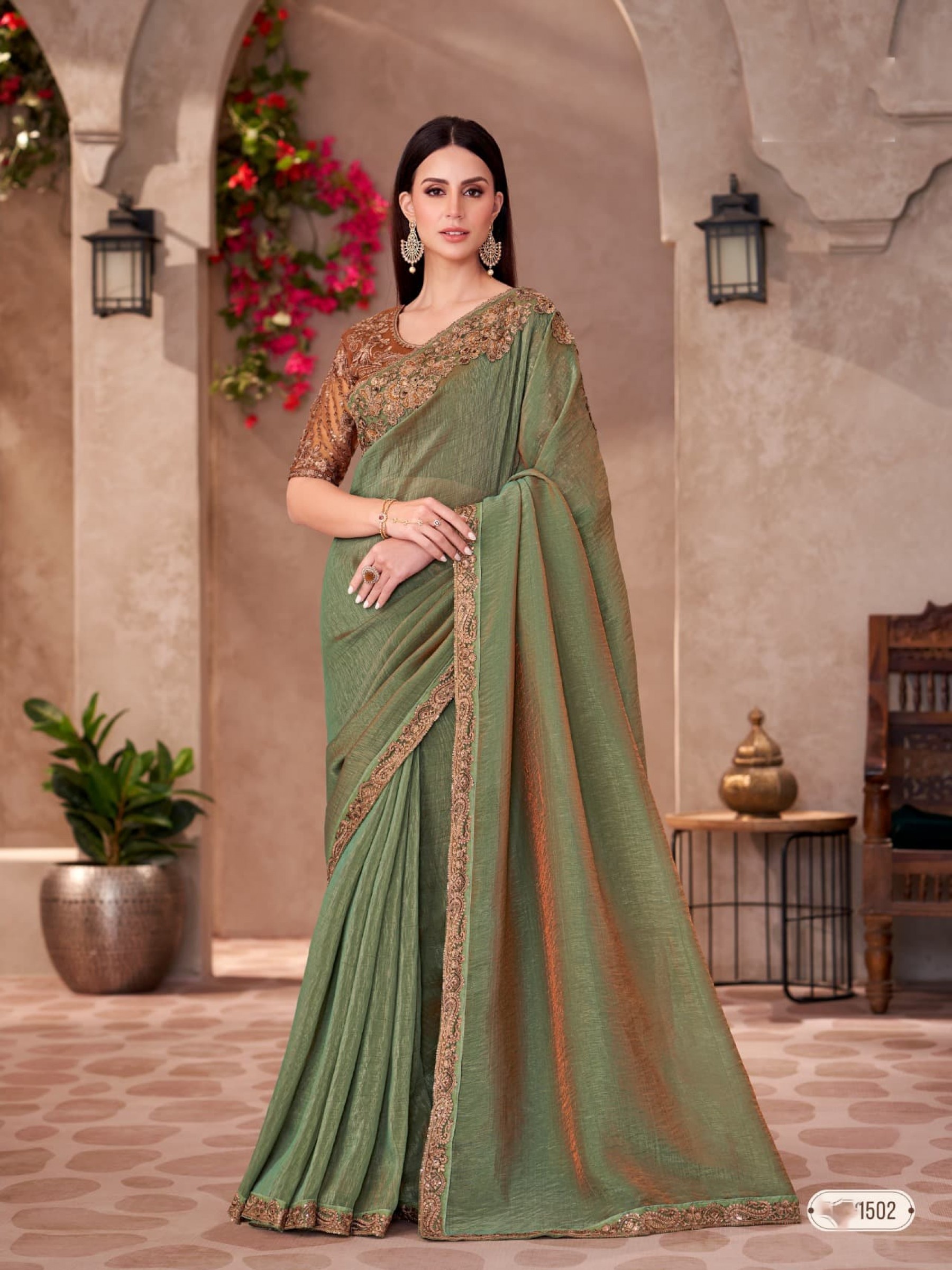 Georgette Silk Party wear Saree Lime Green Color With Embroidery Work