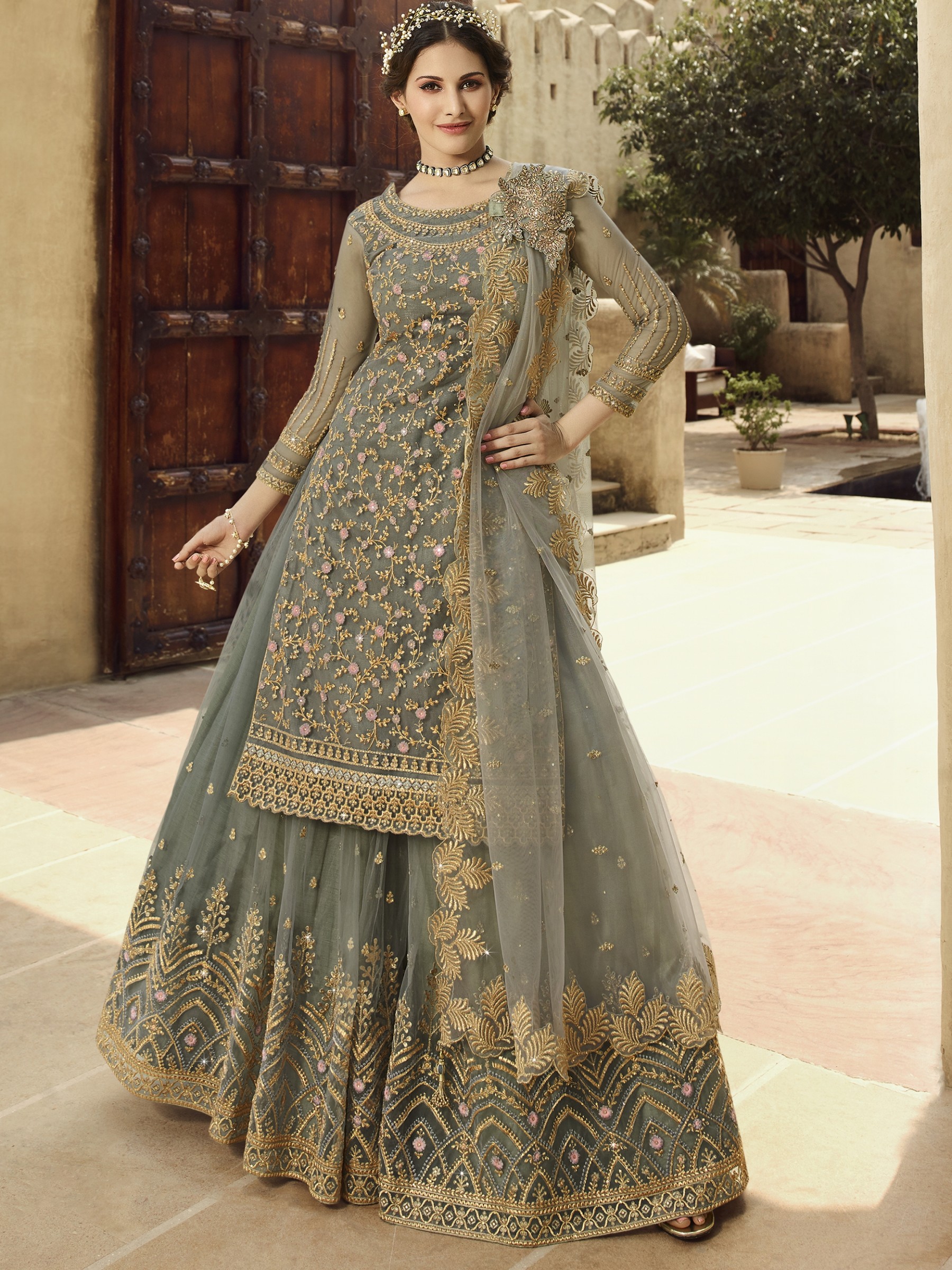 Soft Premium Net Readymade  Sharara in Grey color with  Embroidery & Stone work 