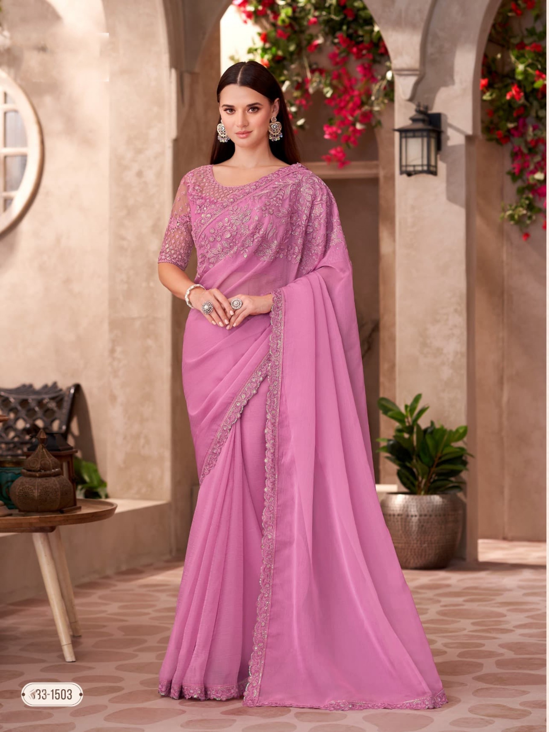 Chiffon silk Party wear Saree Pink Color With Embroidery Work