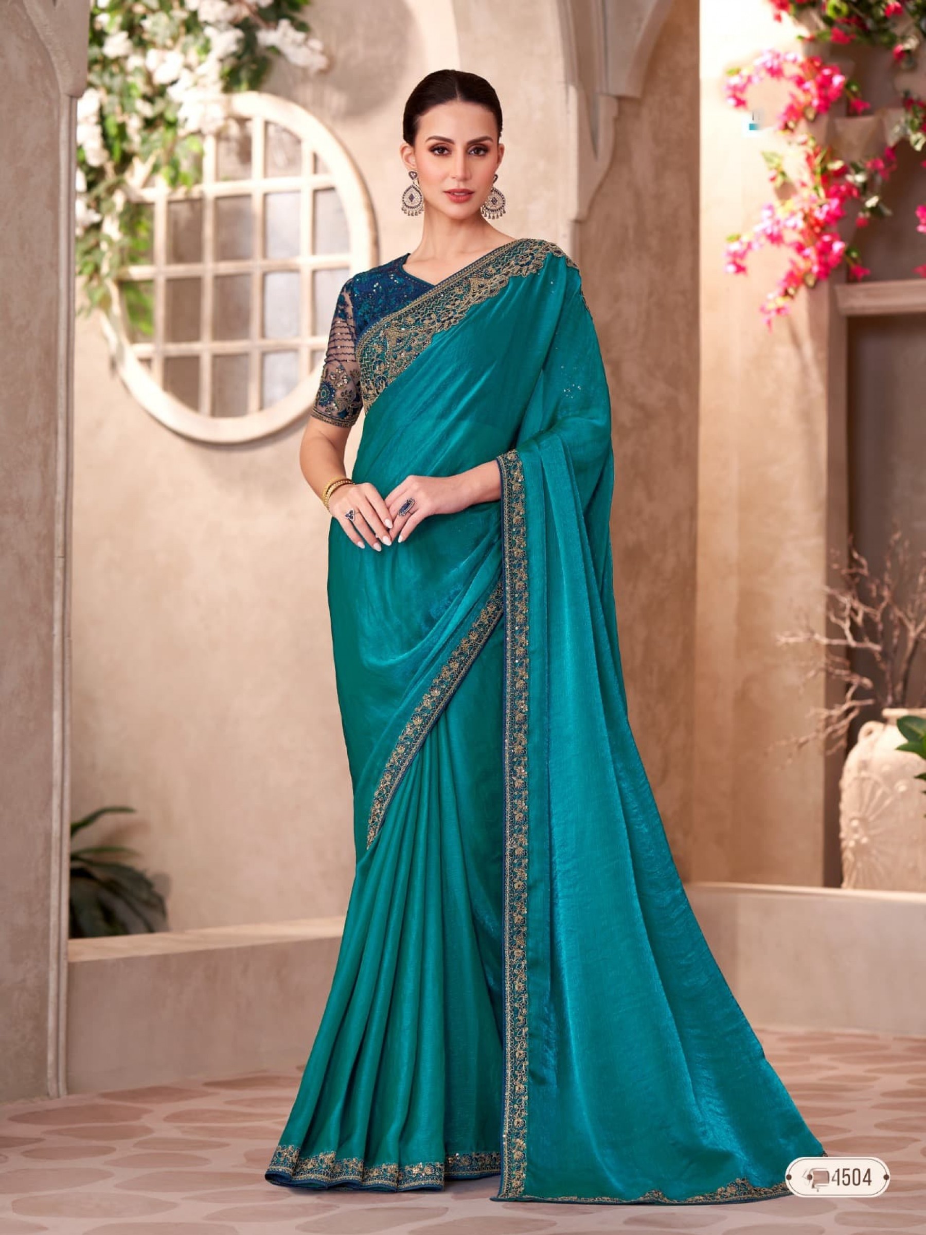 Chiffon silk Party wear Saree Teal Color With Embroidery Work