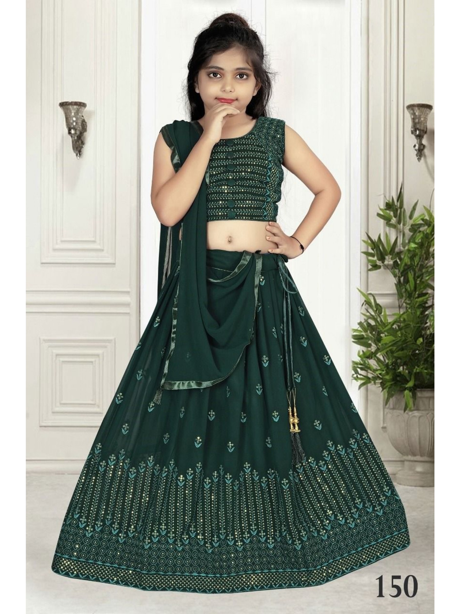 Georgette  Party Wear Kids Lehenga In Green With Embroidery Work 