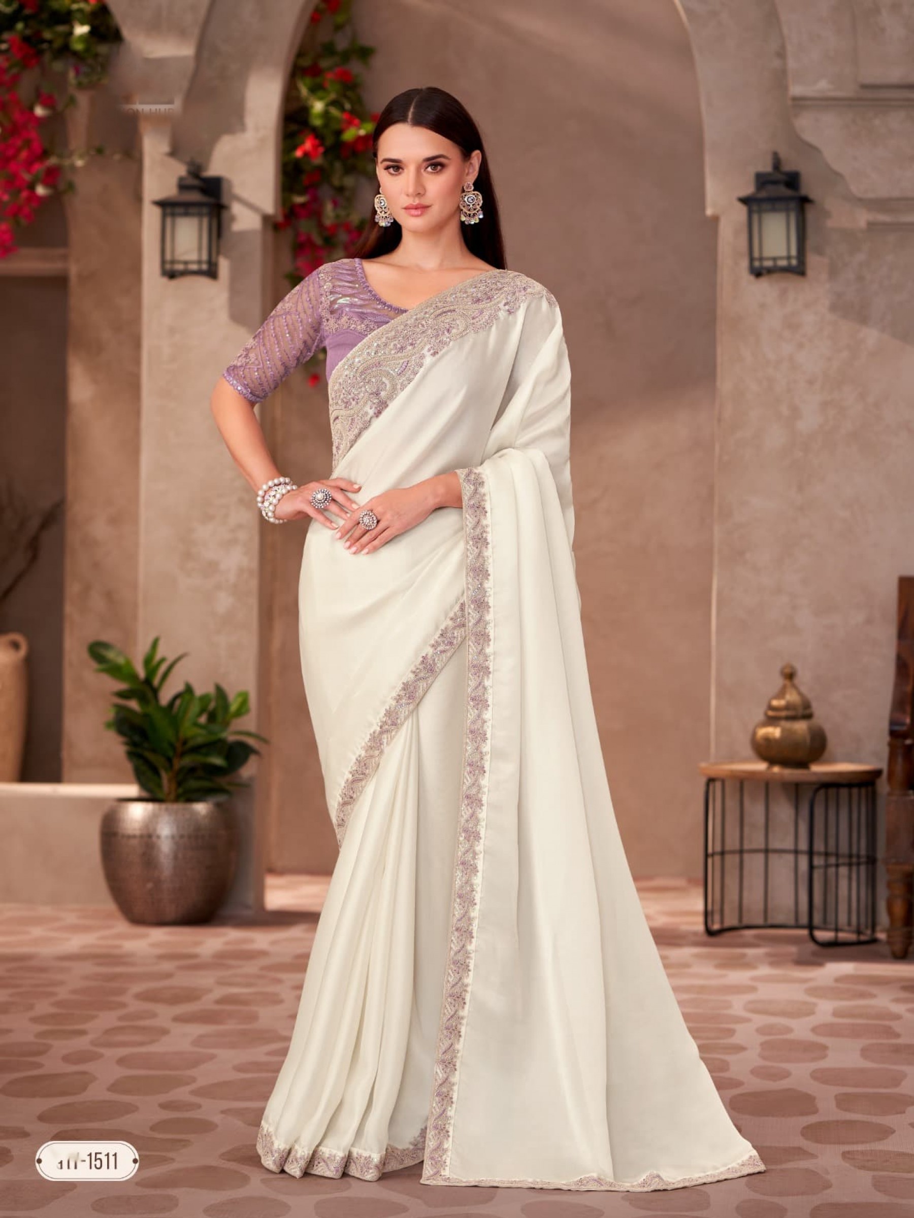 Georgette silk Party wear Saree Off White Color With Embroidery Work