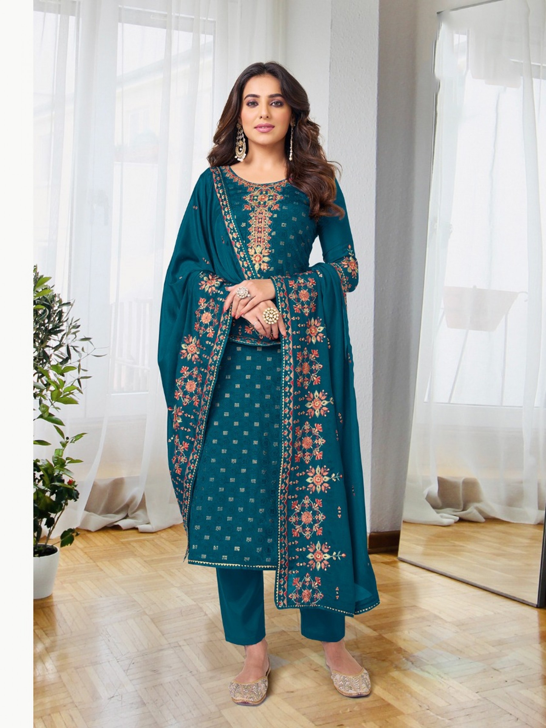 Chinon  Fabrics Party Wear Suit In Teal Blue Color With Embroidery Work