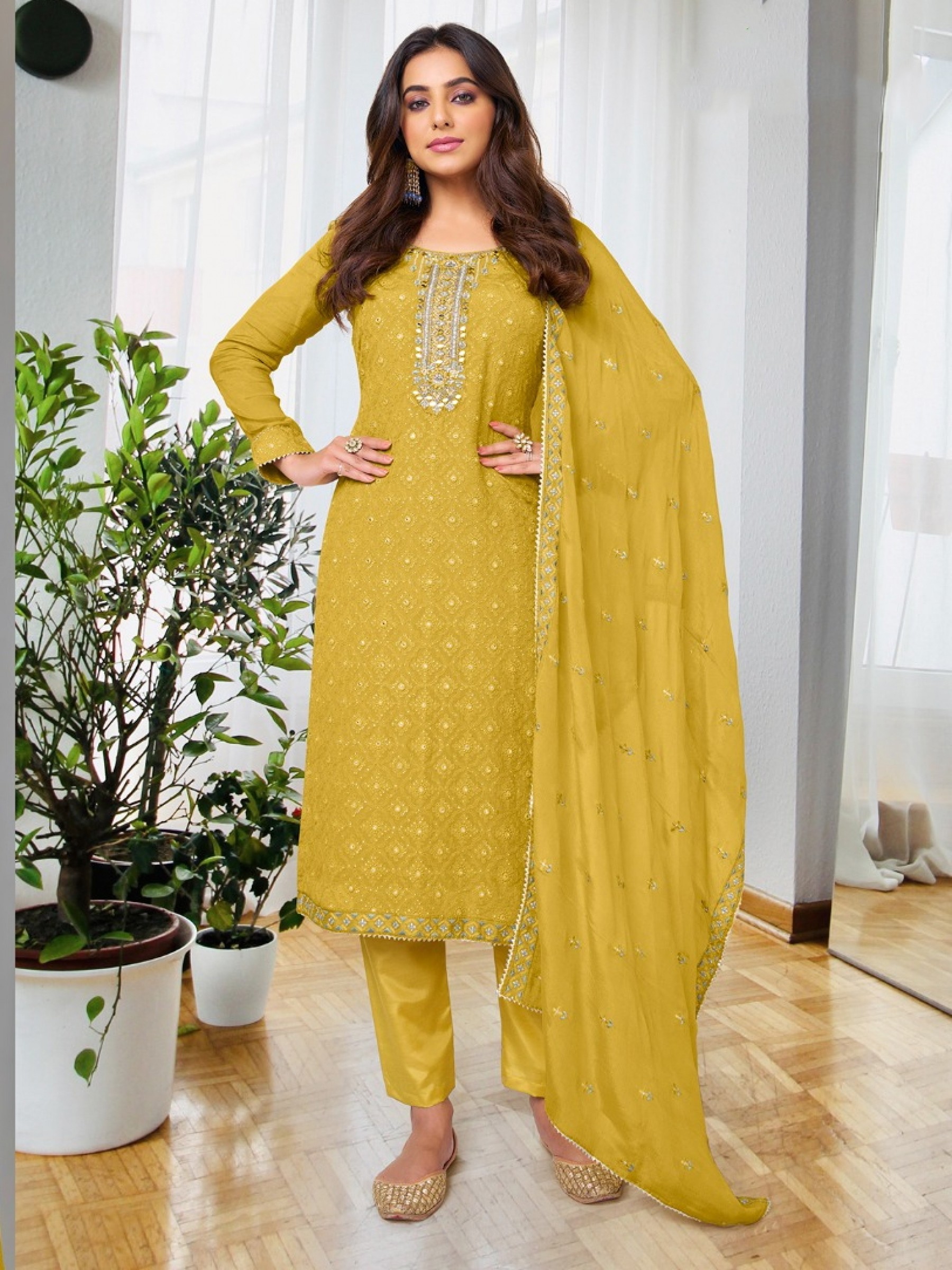 Chinon  Fabrics Party Wear Suit In Yellow Color With Embroidery Work