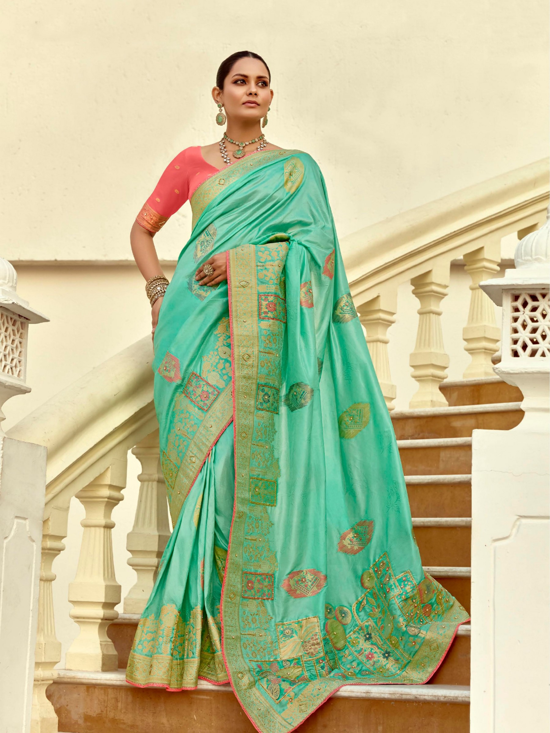 Fancy Silk Party wear Saree In Turquoise Color with Hand Work