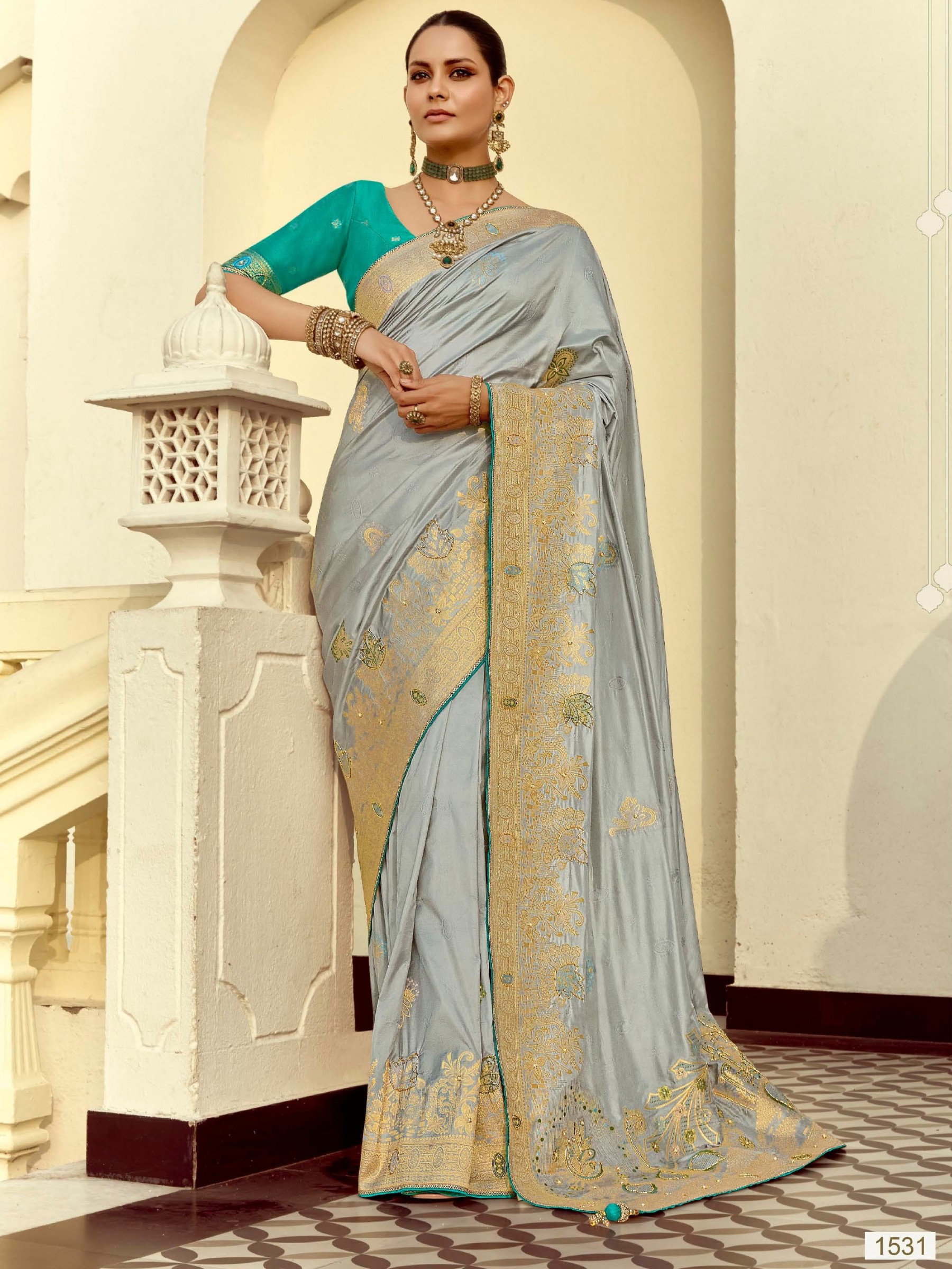 Fancy Silk Party wear Saree In Grey Color with Hand Work
