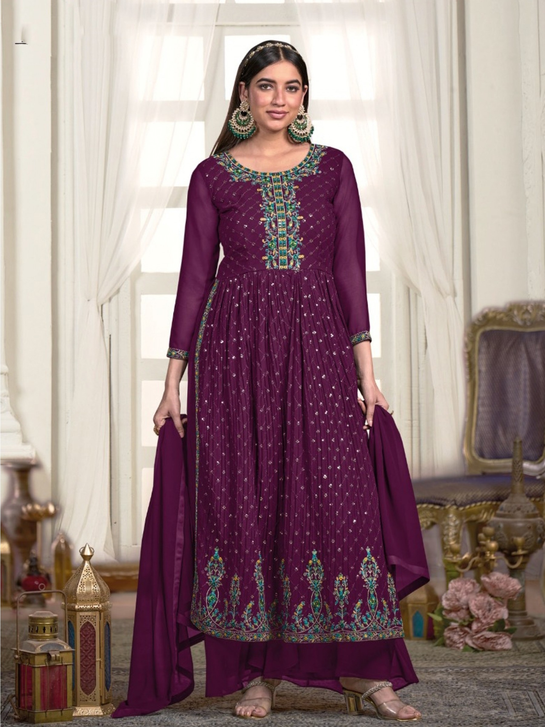 Real Chinon Party Wear Plazzo Purple Color with  Embroidery Work