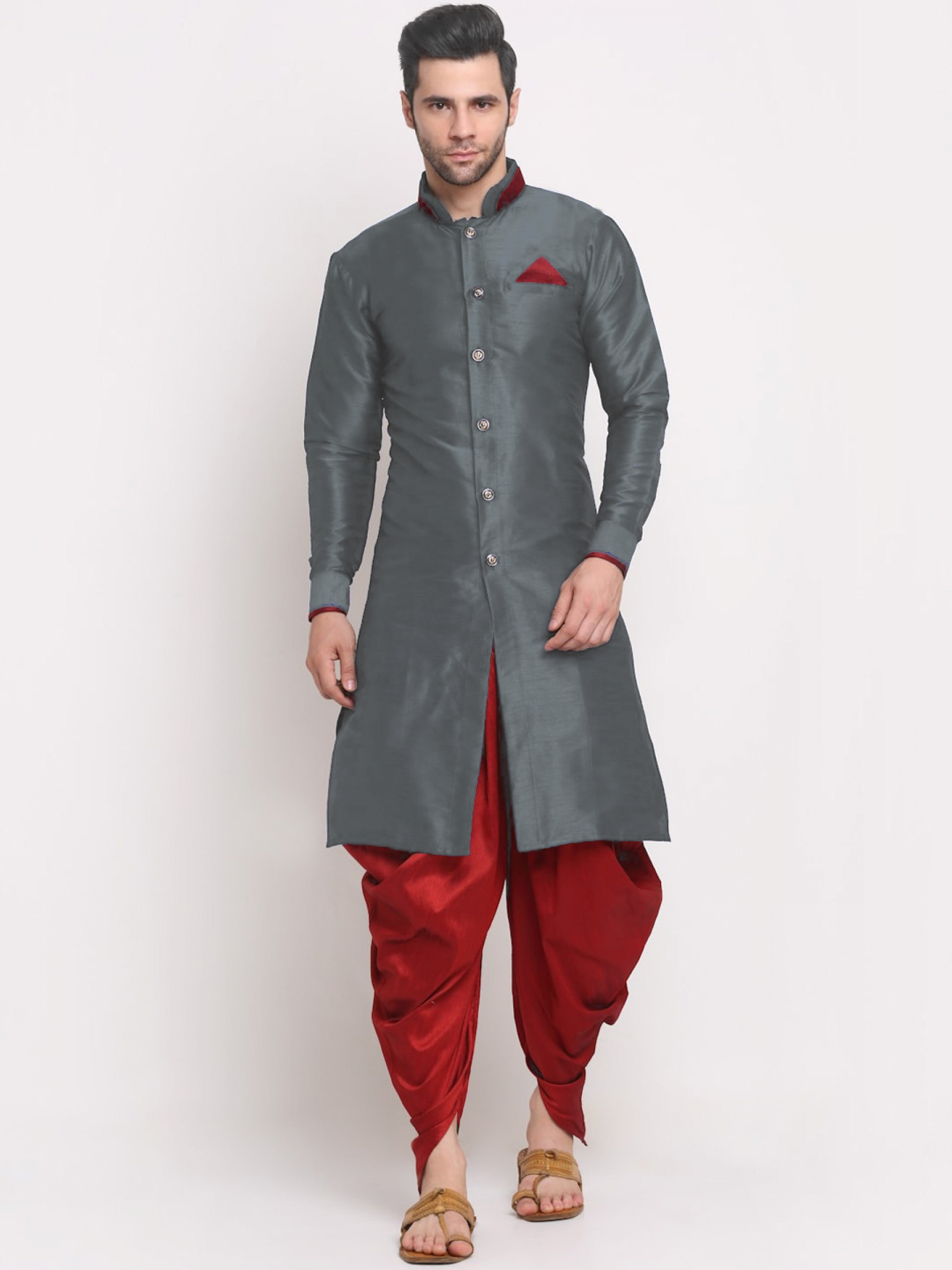 Heritge Silk Readymade Dhoti Kurta in Grey & Maroon 