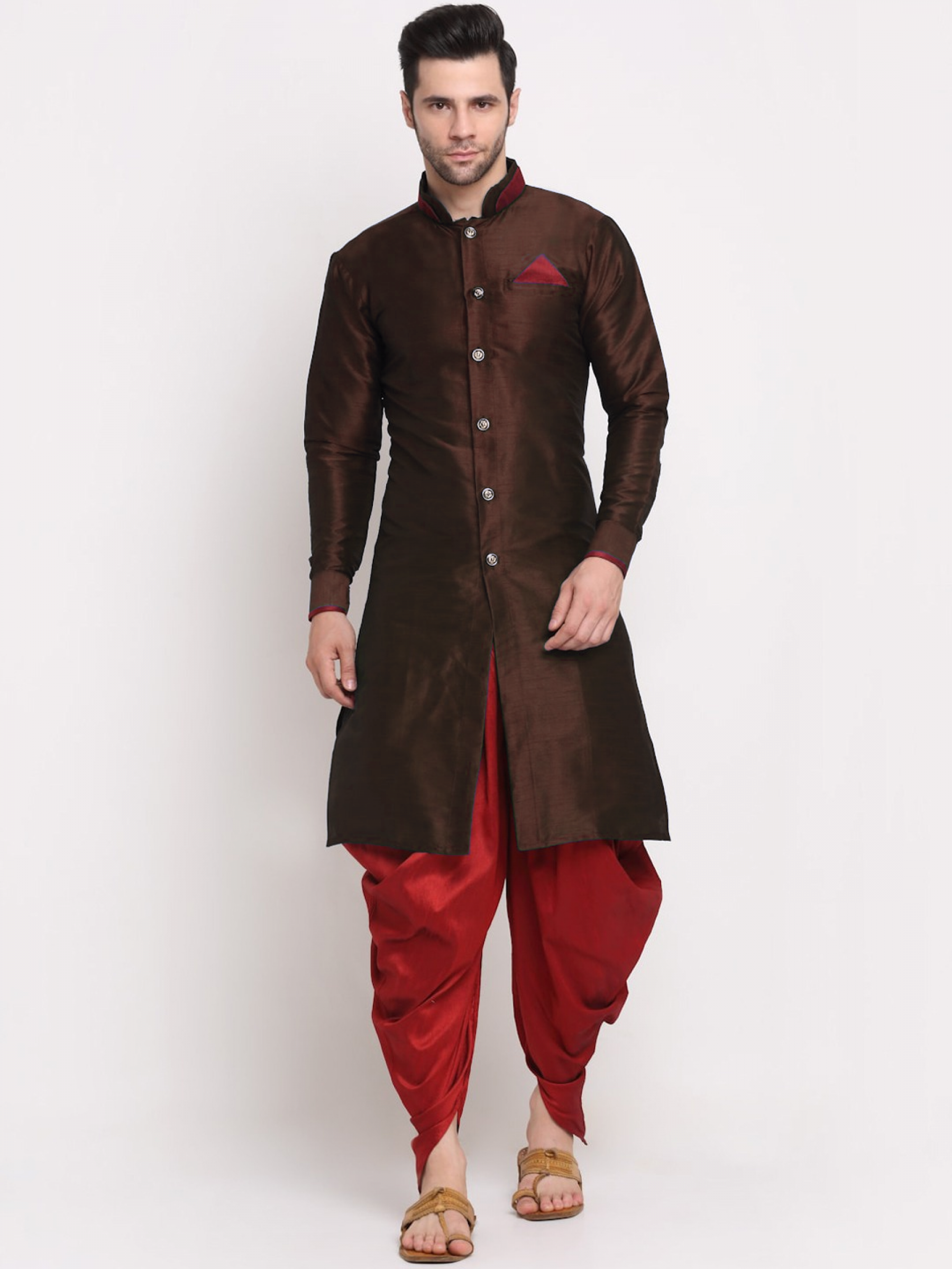 Heritge Silk Readymade Dhoti Kurta in Brown & Maroon
