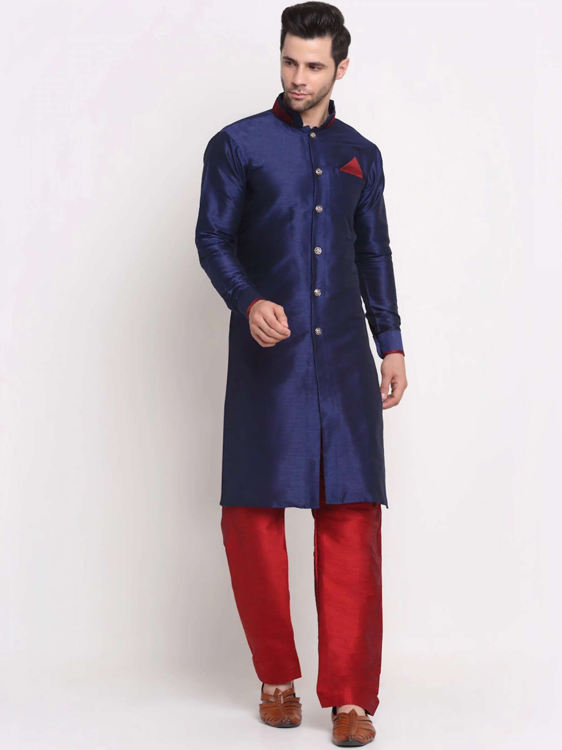 Heritge Silk Readymade Kurta in Navy Blue & Maroon