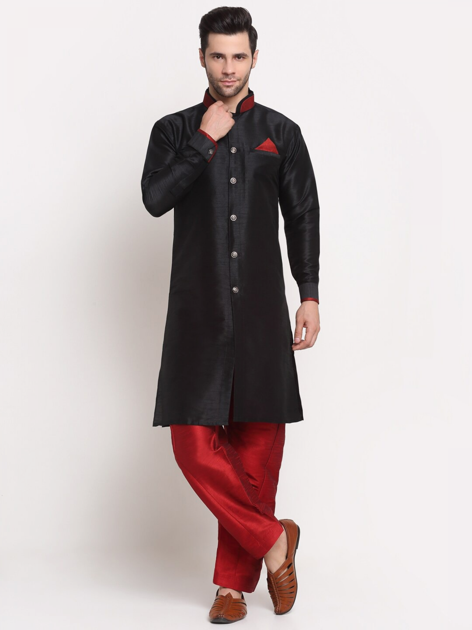 Heritge Silk Readymade Kurta in Black & Maroon