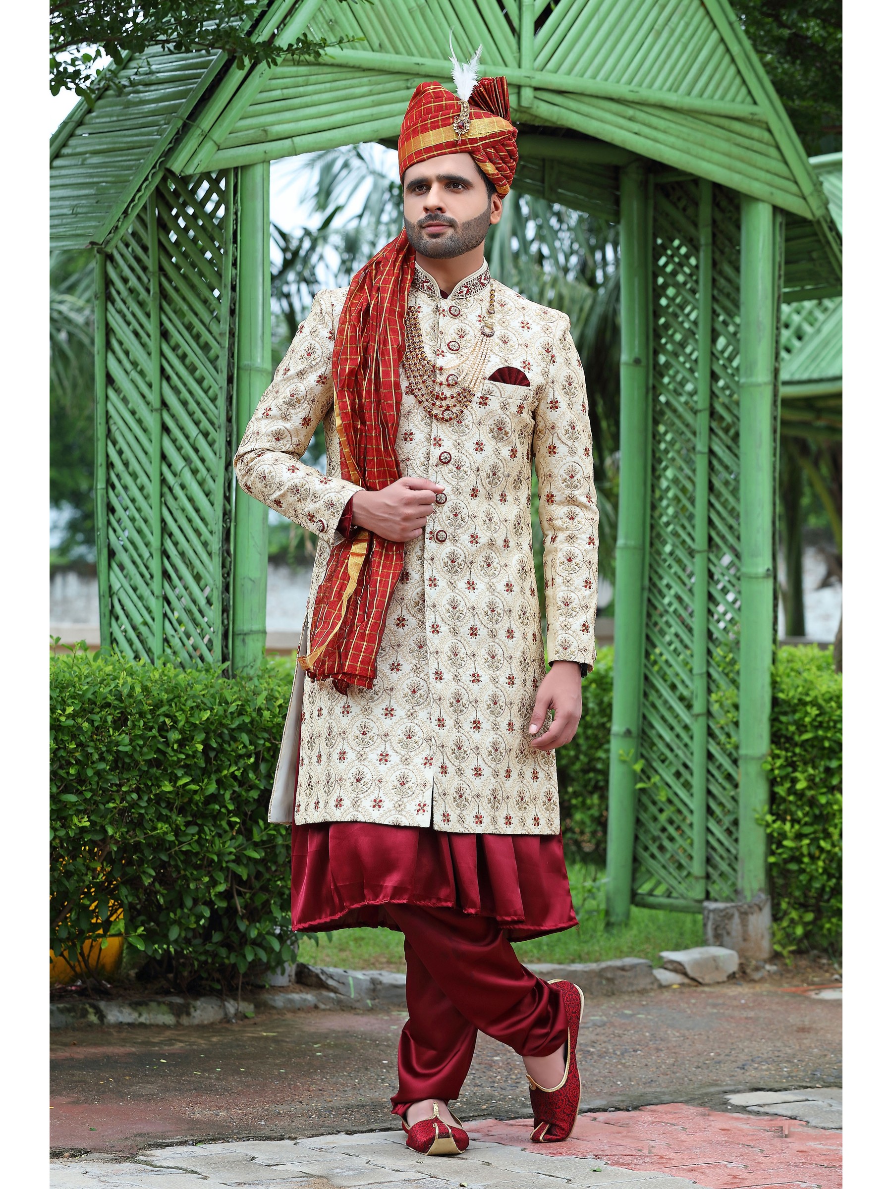Soft Silk fabric with Embroidery Work  Wedding Wear Sherwani set in Cream 