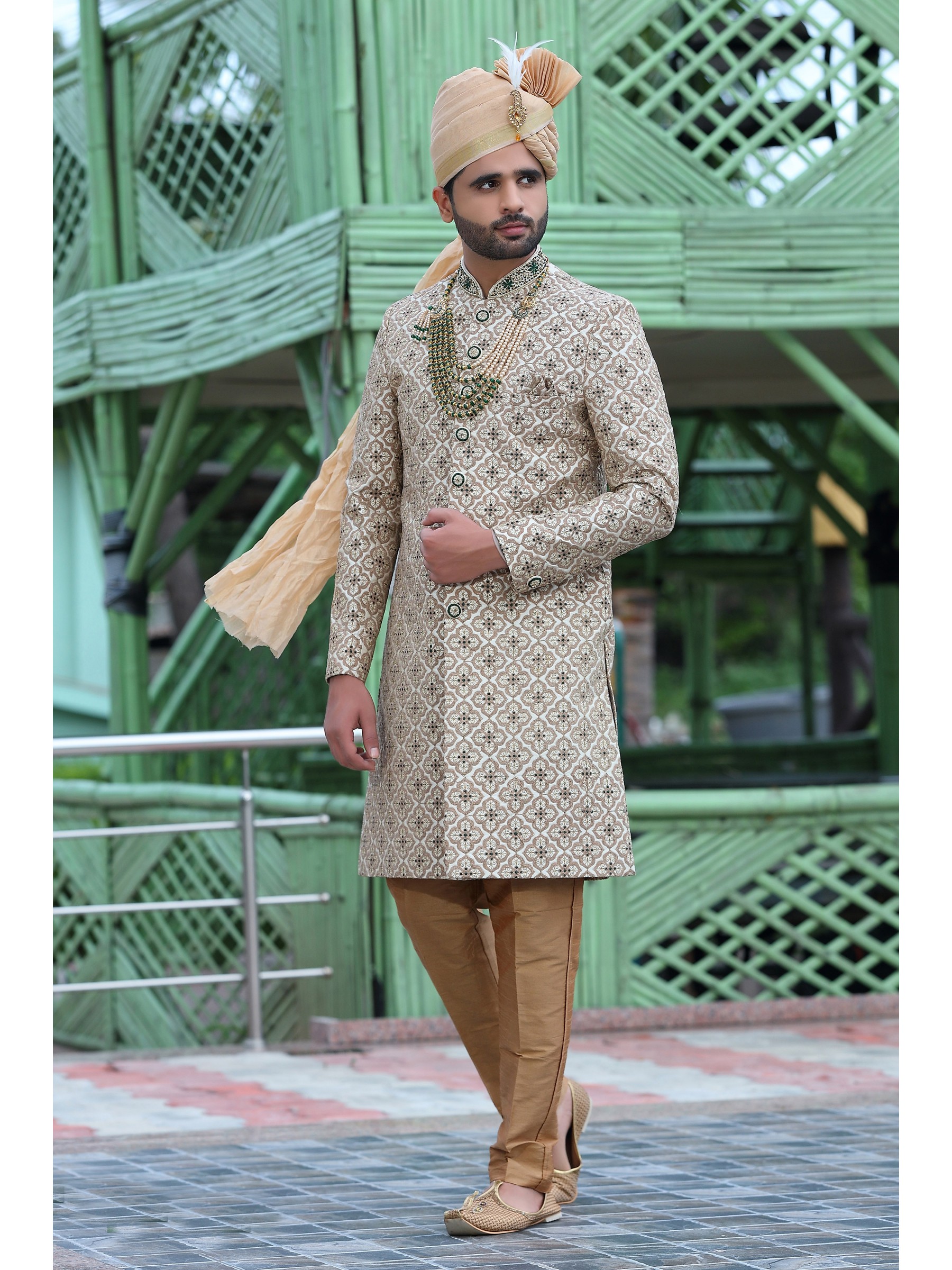 Soft Silk fabric with Embroidery Work  Wedding Wear Sherwani set in Beige