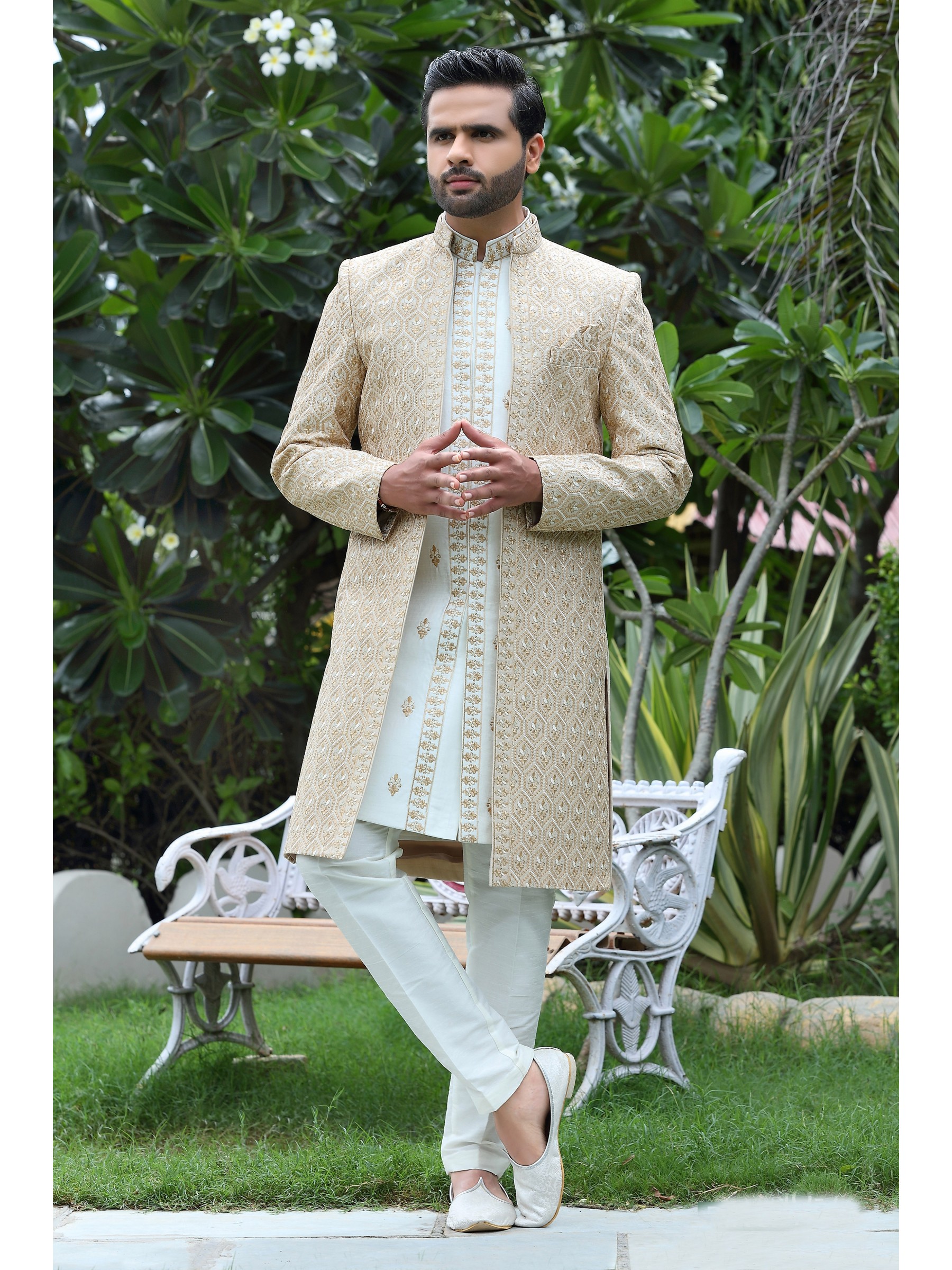 Soft Silk fabric with Embroidery Work  Wedding Wear Sherwani set in Off White