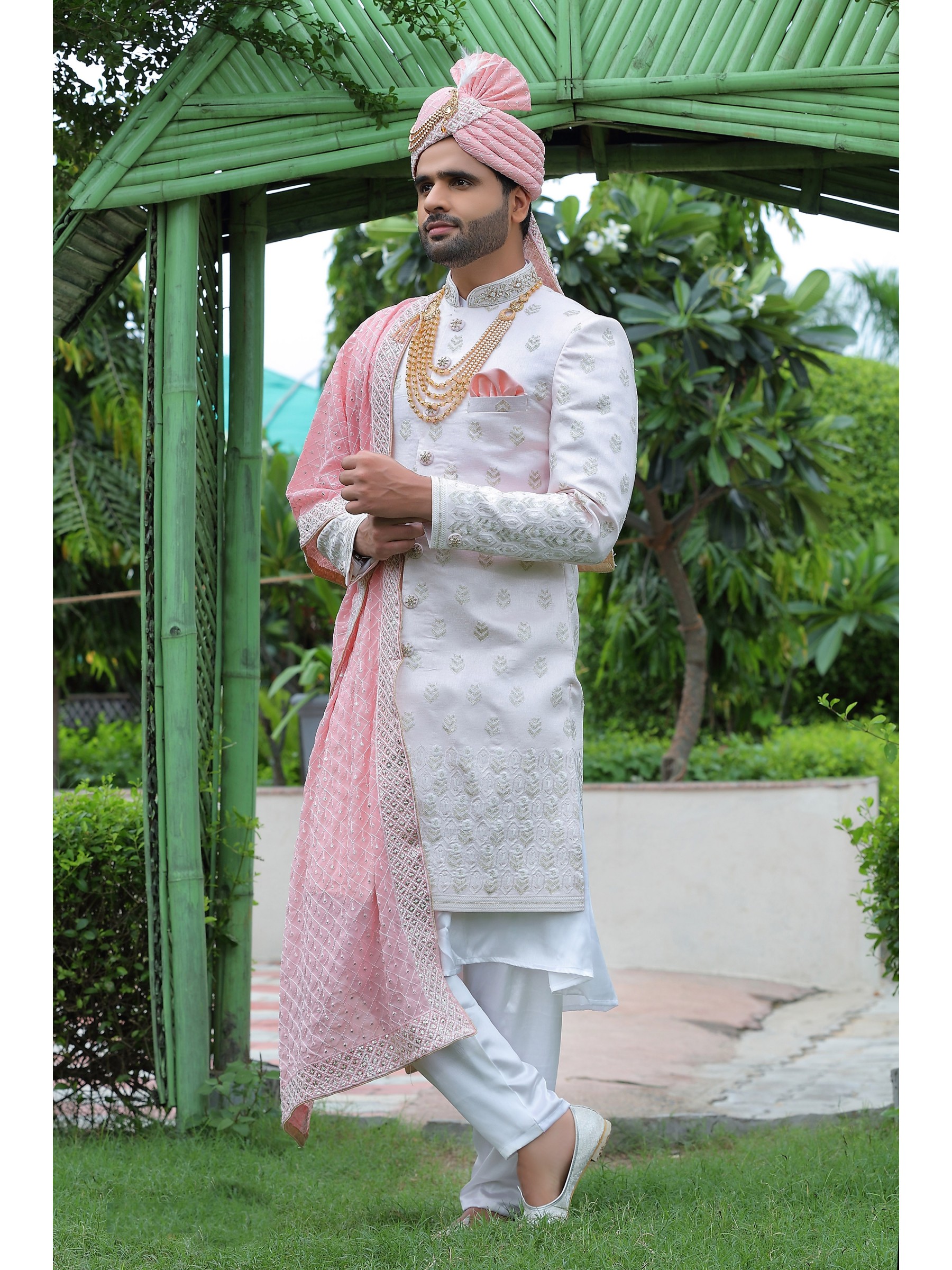 Soft Silk fabric with Embroidery Work  Wedding Wear Sherwani set in White & Pink