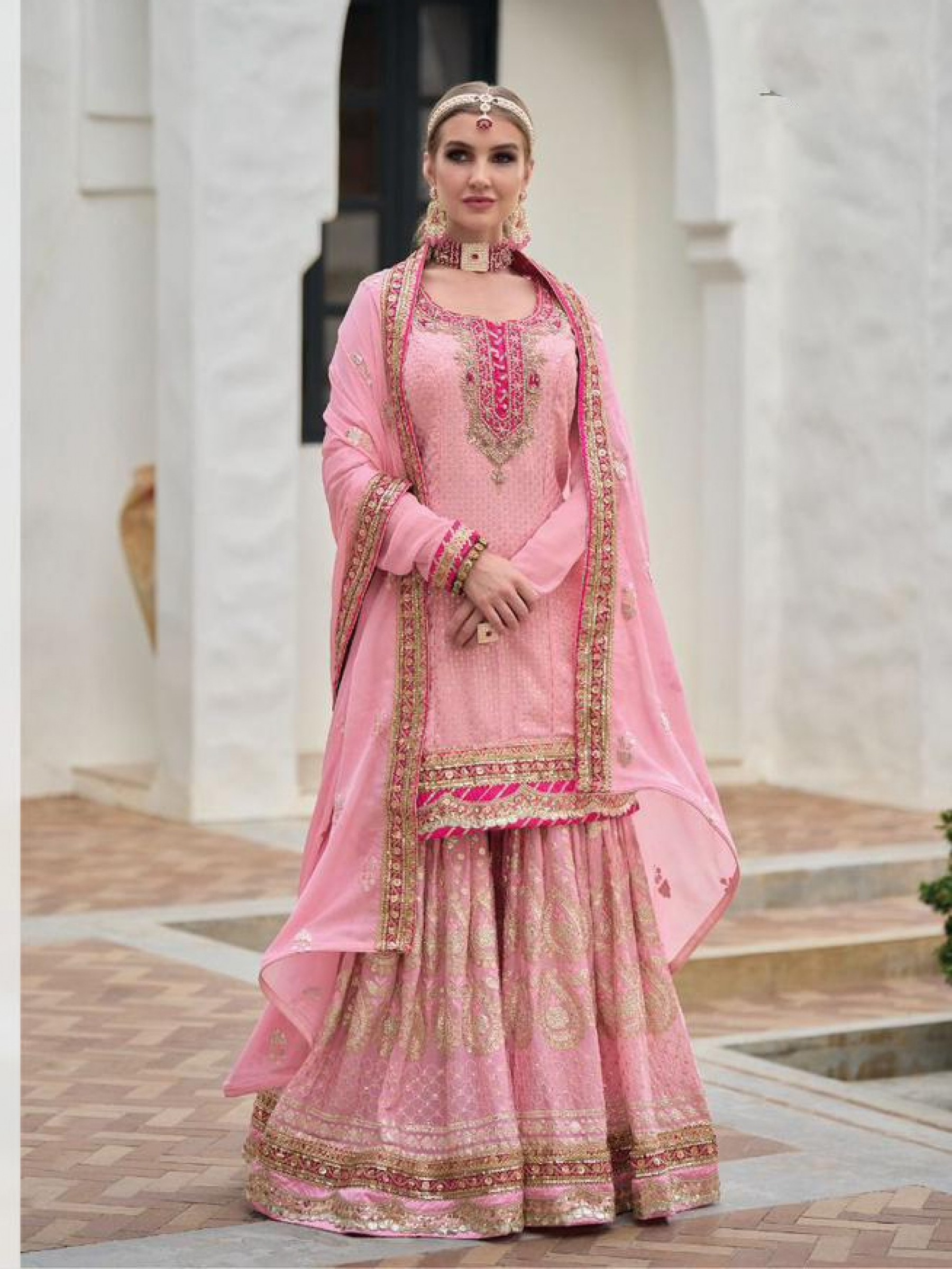 Georgette Party Wear Sharara In Pink Color With Embroidery Work 
