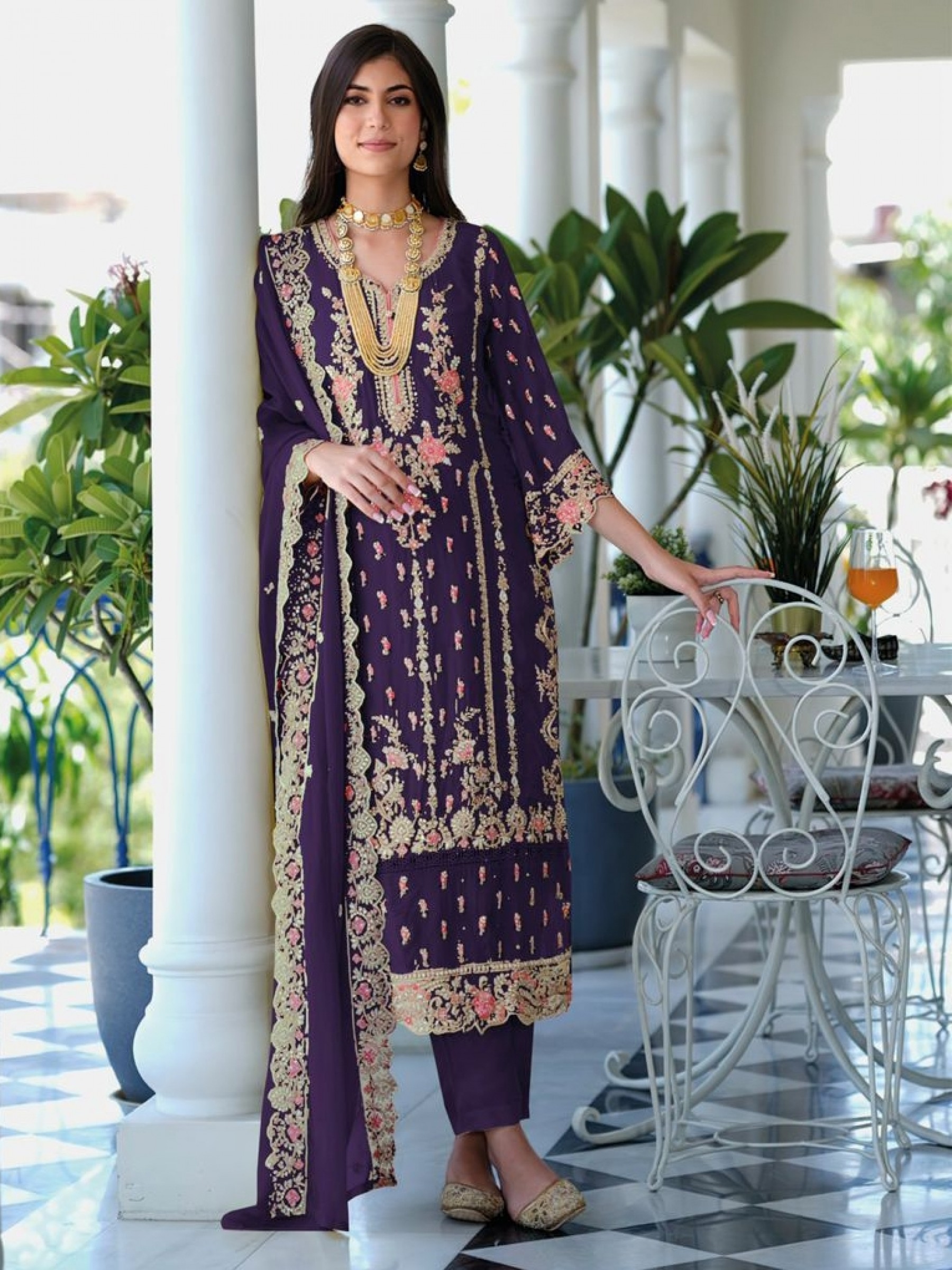 Soft Organza Party Wear Plazo Suit in Purple Color with Embroidery Work