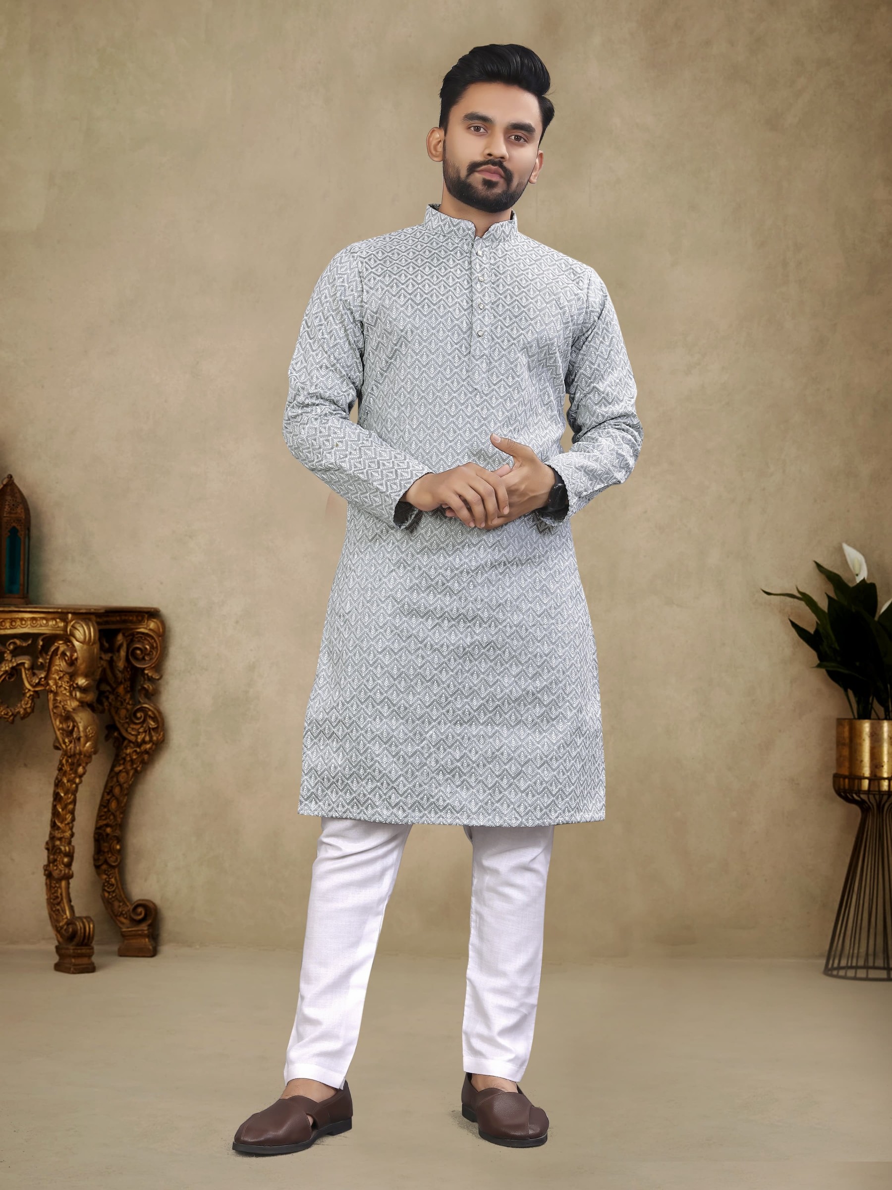 Thai Silk Readymade Kurta set in Grey with Lucknowi Work
