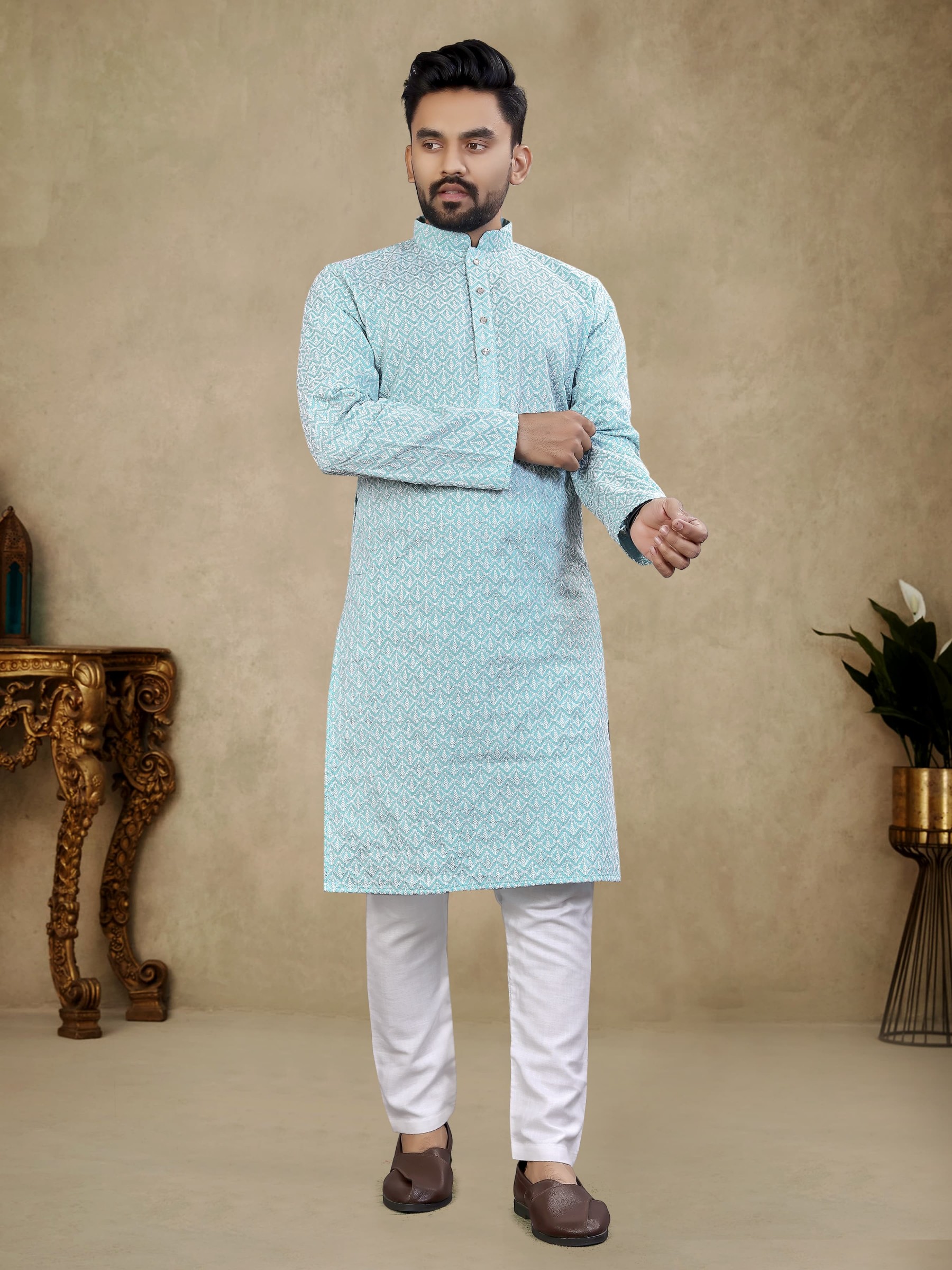 Thai Silk Readymade Kurta set in Sea Blue with Lucknowi Work