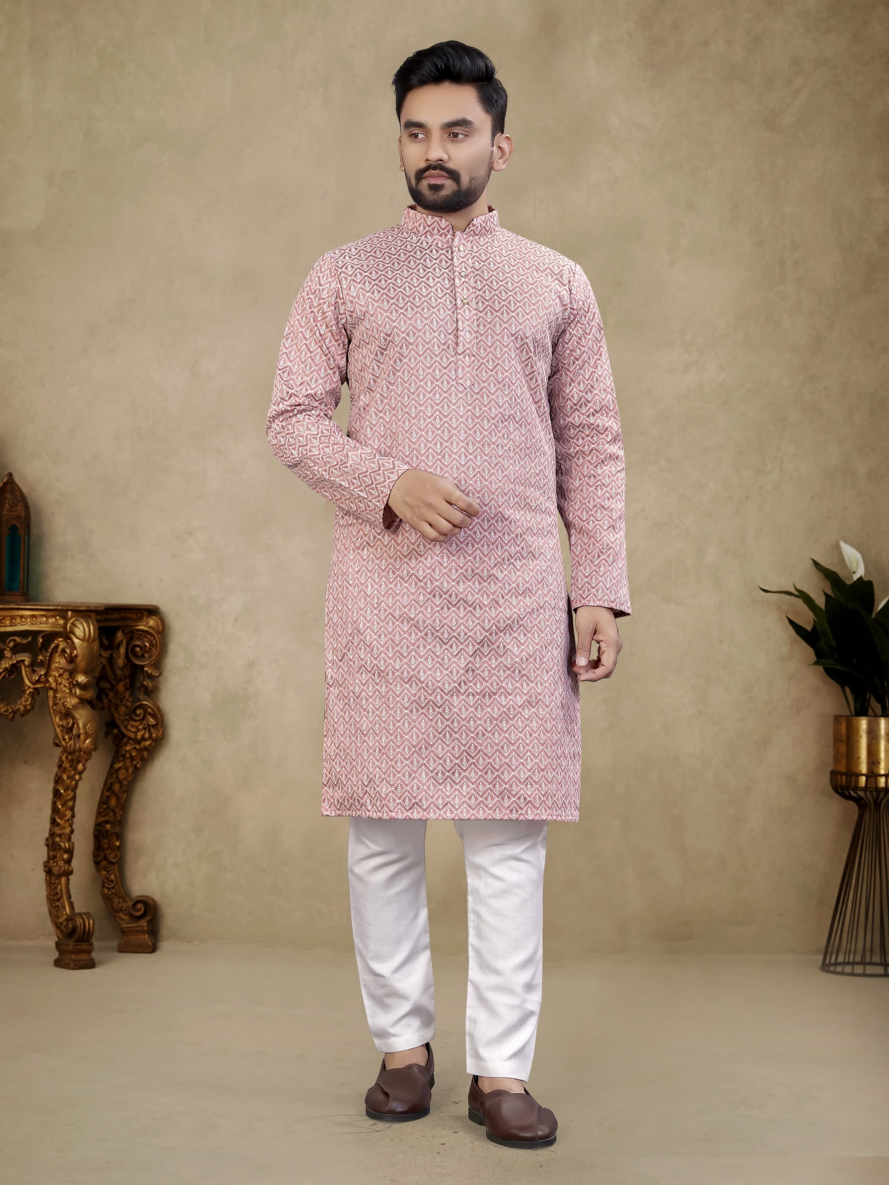 Thai Silk Readymade Kurta set in Light Pink with Lucknowi Work