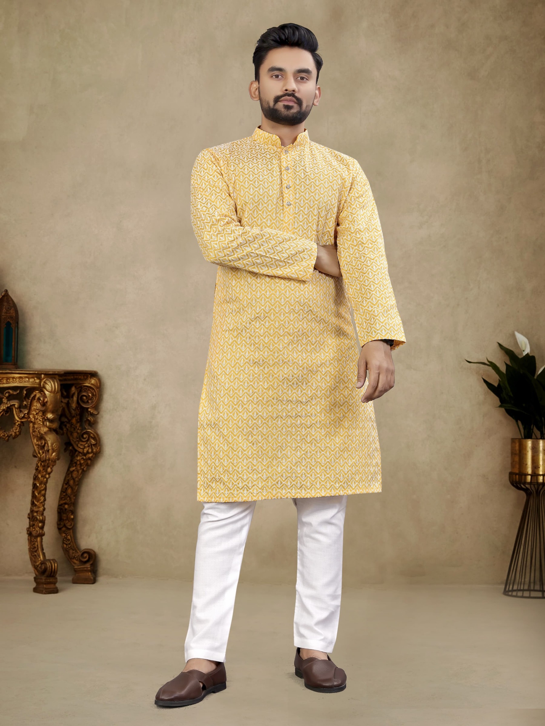 Thai Silk Readymade Kurta set in Yellow with Lucknowi Work