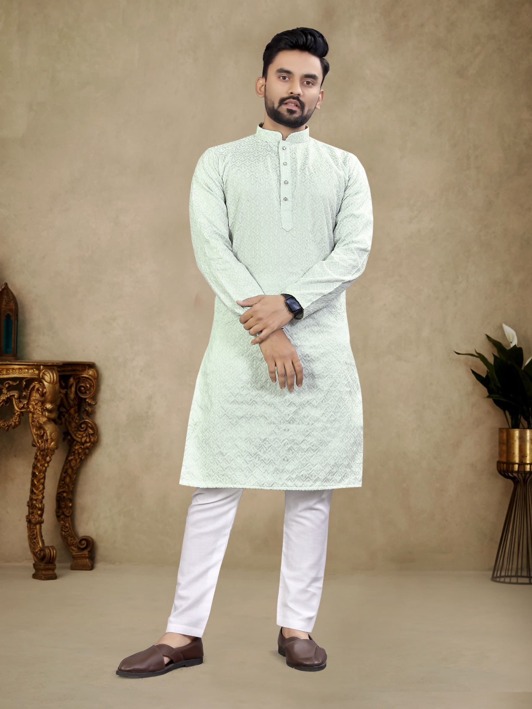 Thai Silk Readymade Kurta set in Pastel Green with Lucknowi Work