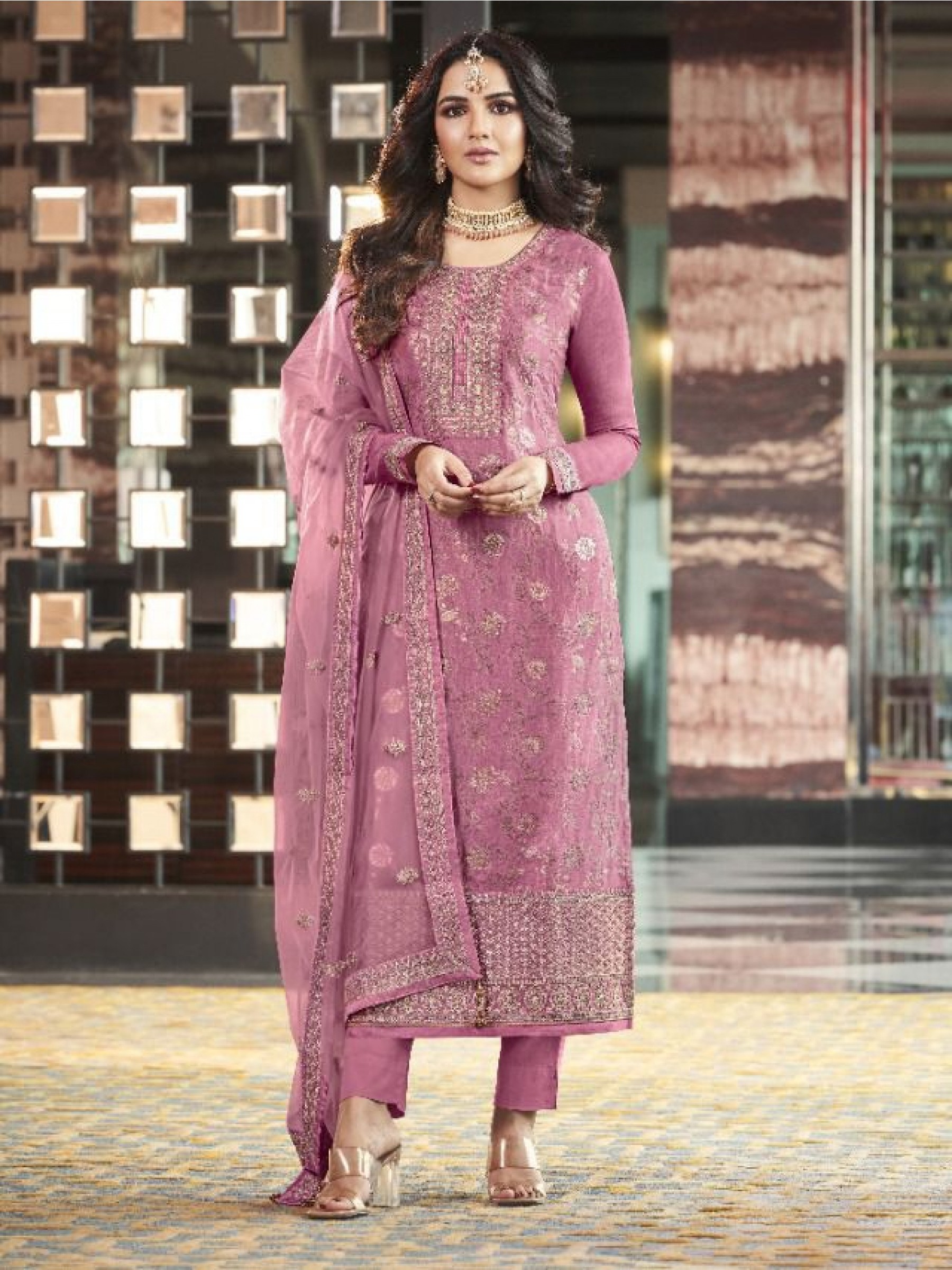 Pure Dola Jacquard   Silk Party Wear Suit in Pink Color with Embroidery Work