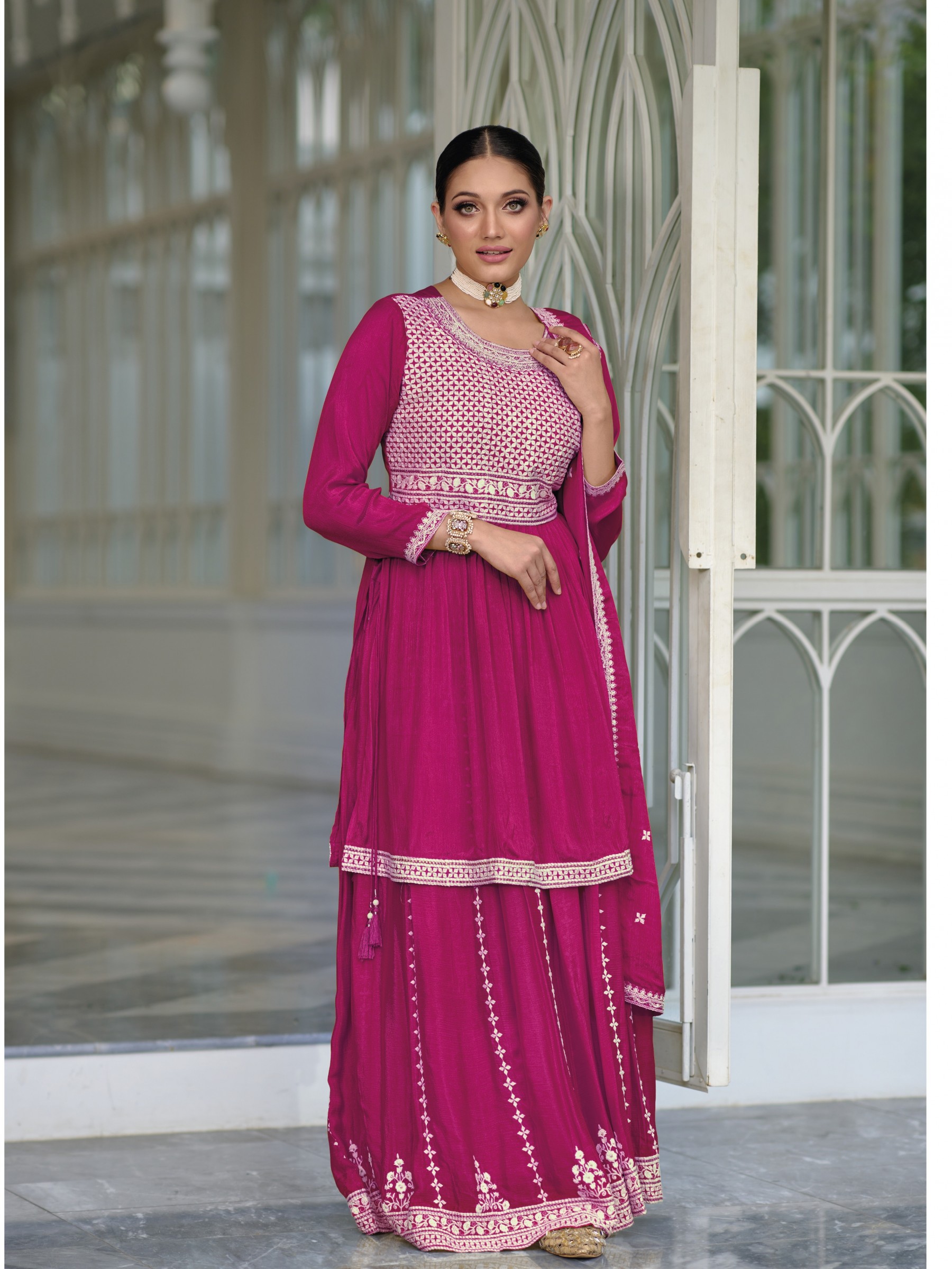 Premium Silk  Party Wear Sharara In Pink With Embroidery Work 