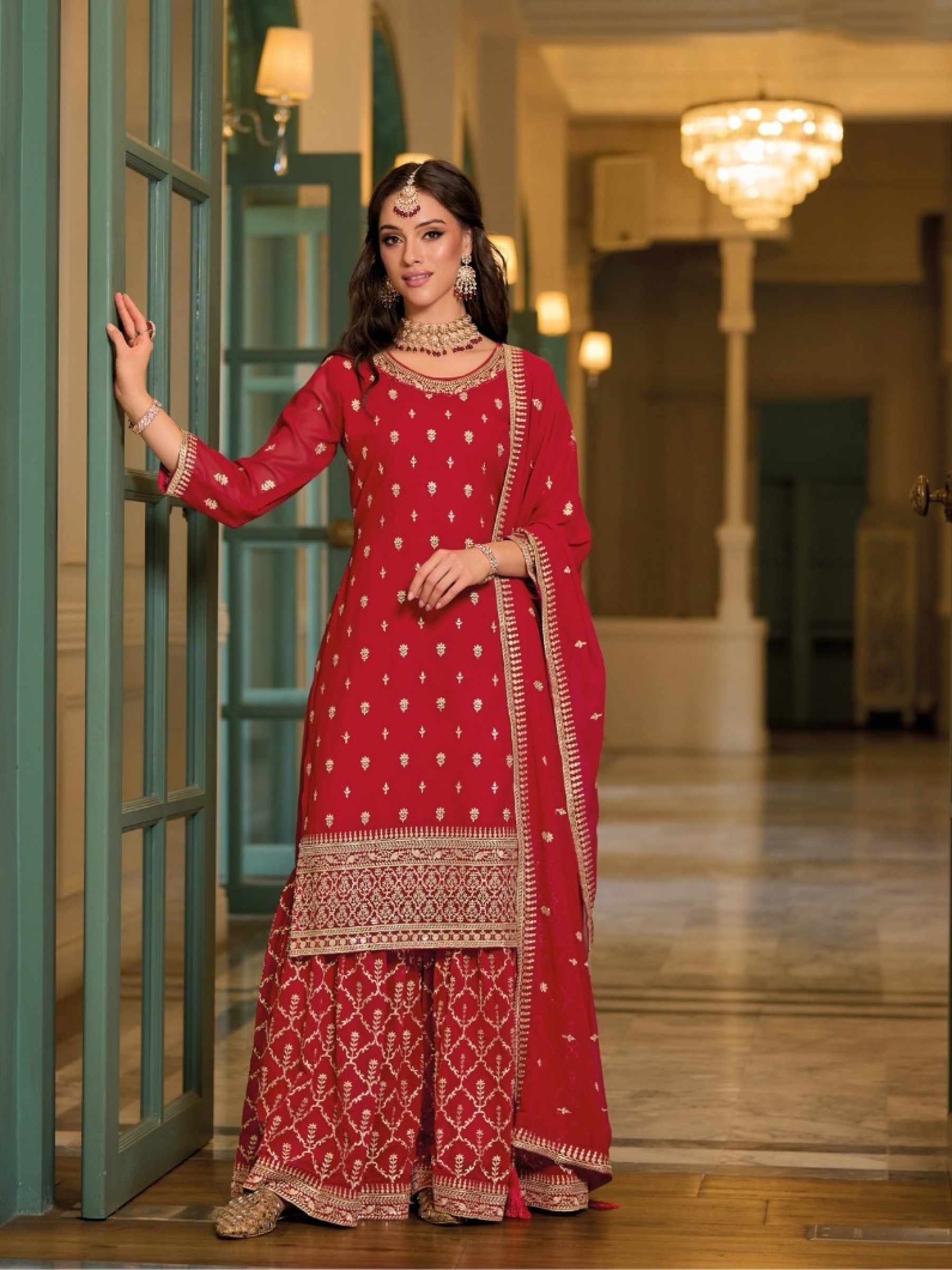 Heavy Georgette Party Wear Sarara in Red with Embroidery Work