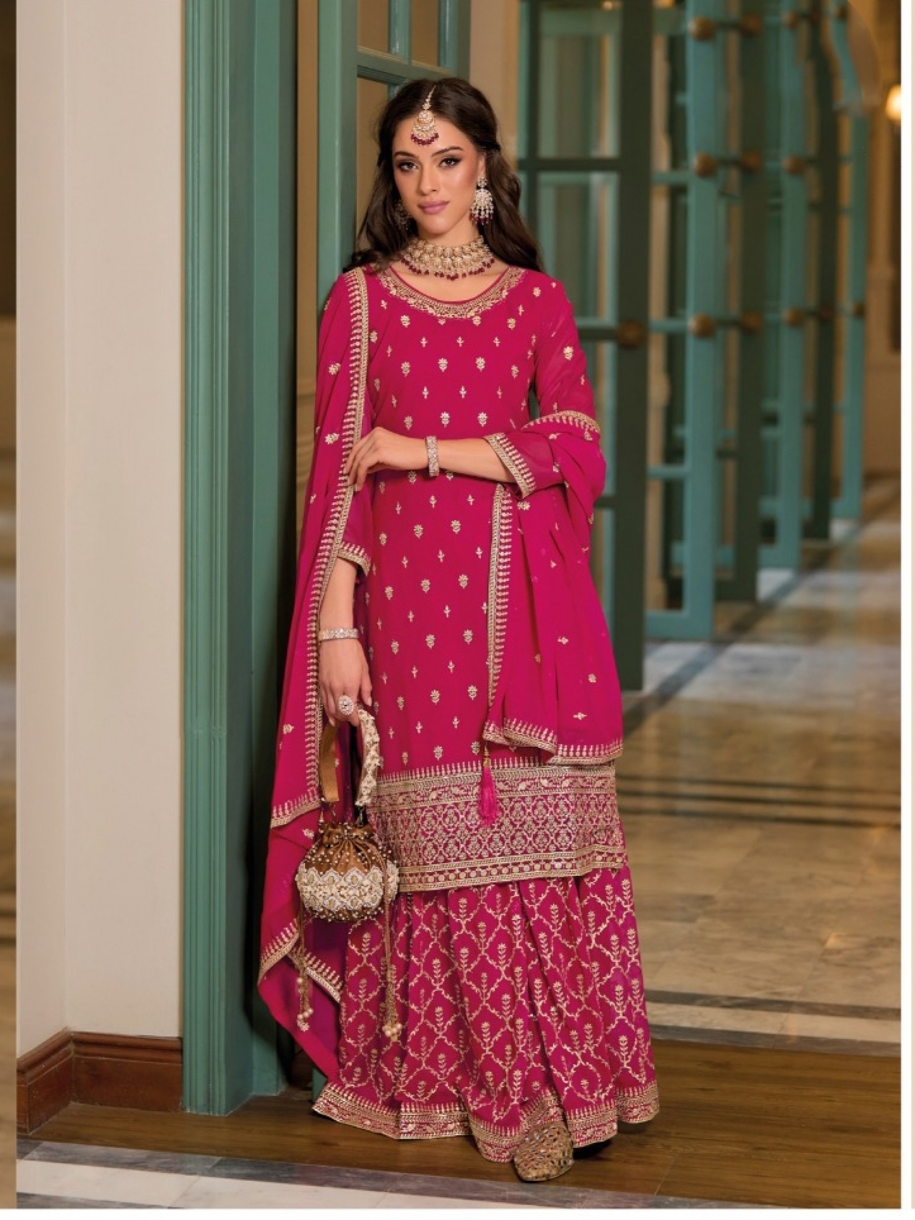 Heavy Georgette Party Wear Sarara in Pink with Embroidery Work