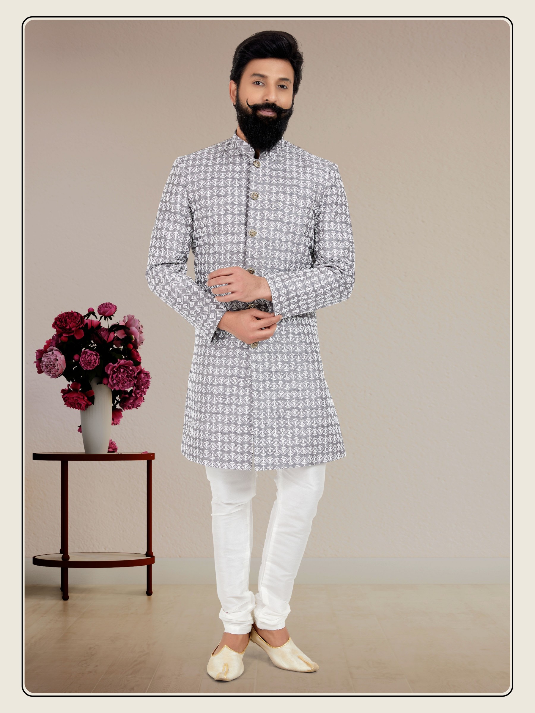 Pure Silk Fabric IndoWestern Ready Made Suit in Grey Color With Embroidery Work 