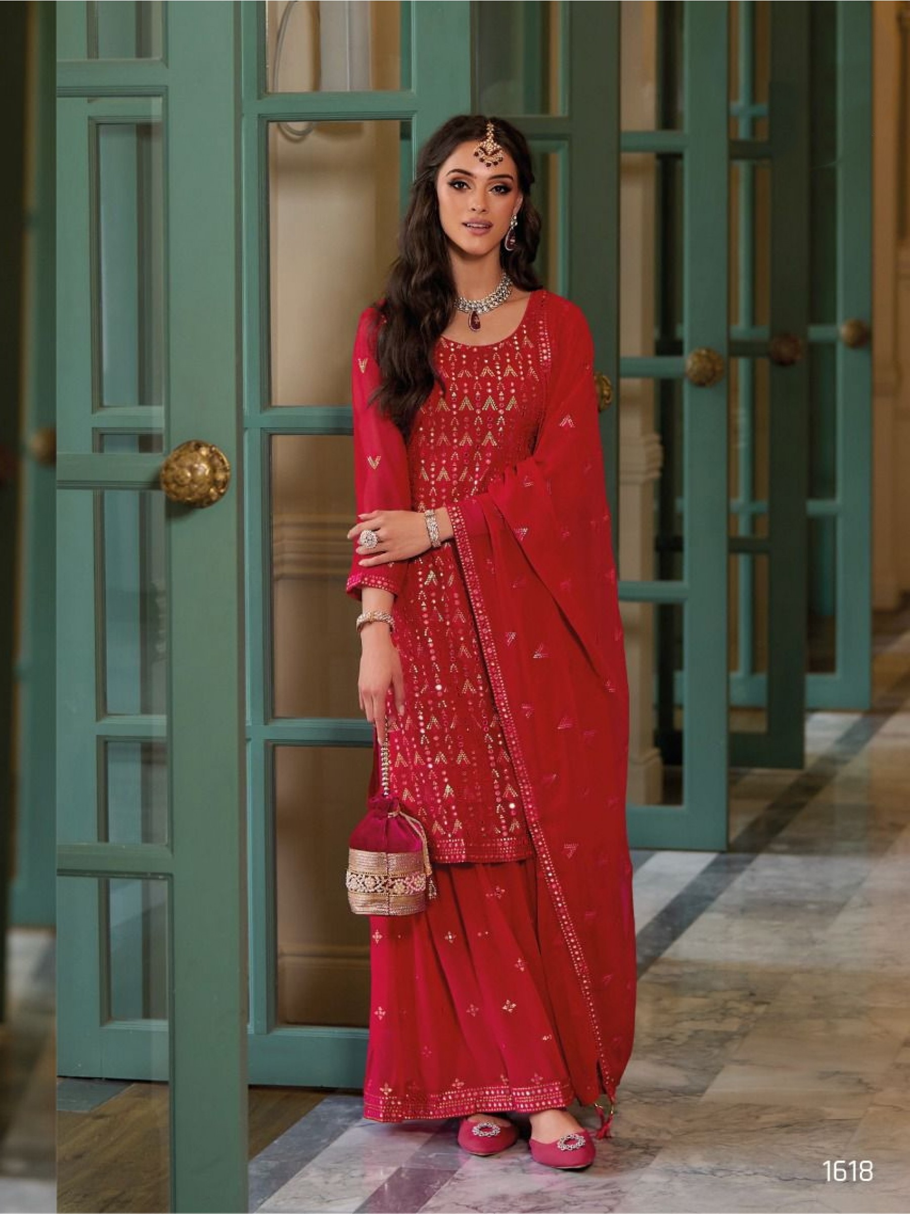 Heavy Georgette Party Wear Sarara in Red with Embroidery Work
