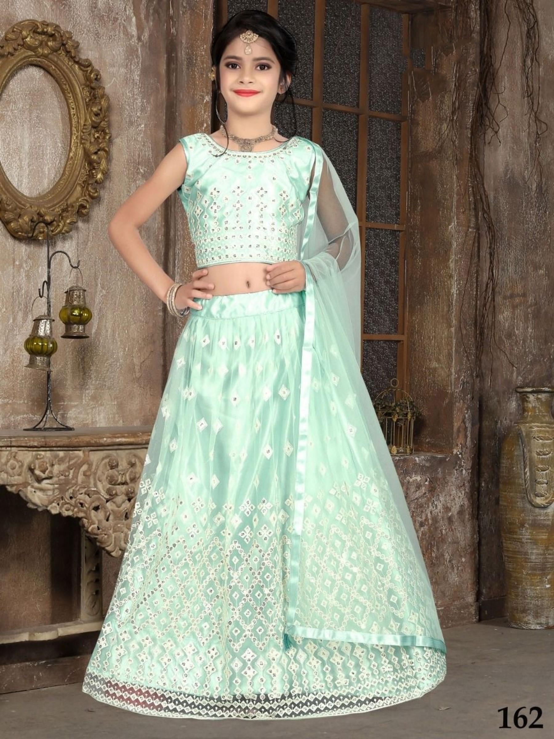 Geogratte  Party Wear Kids Lehenga In Light Green WIth Embrodiery Work 