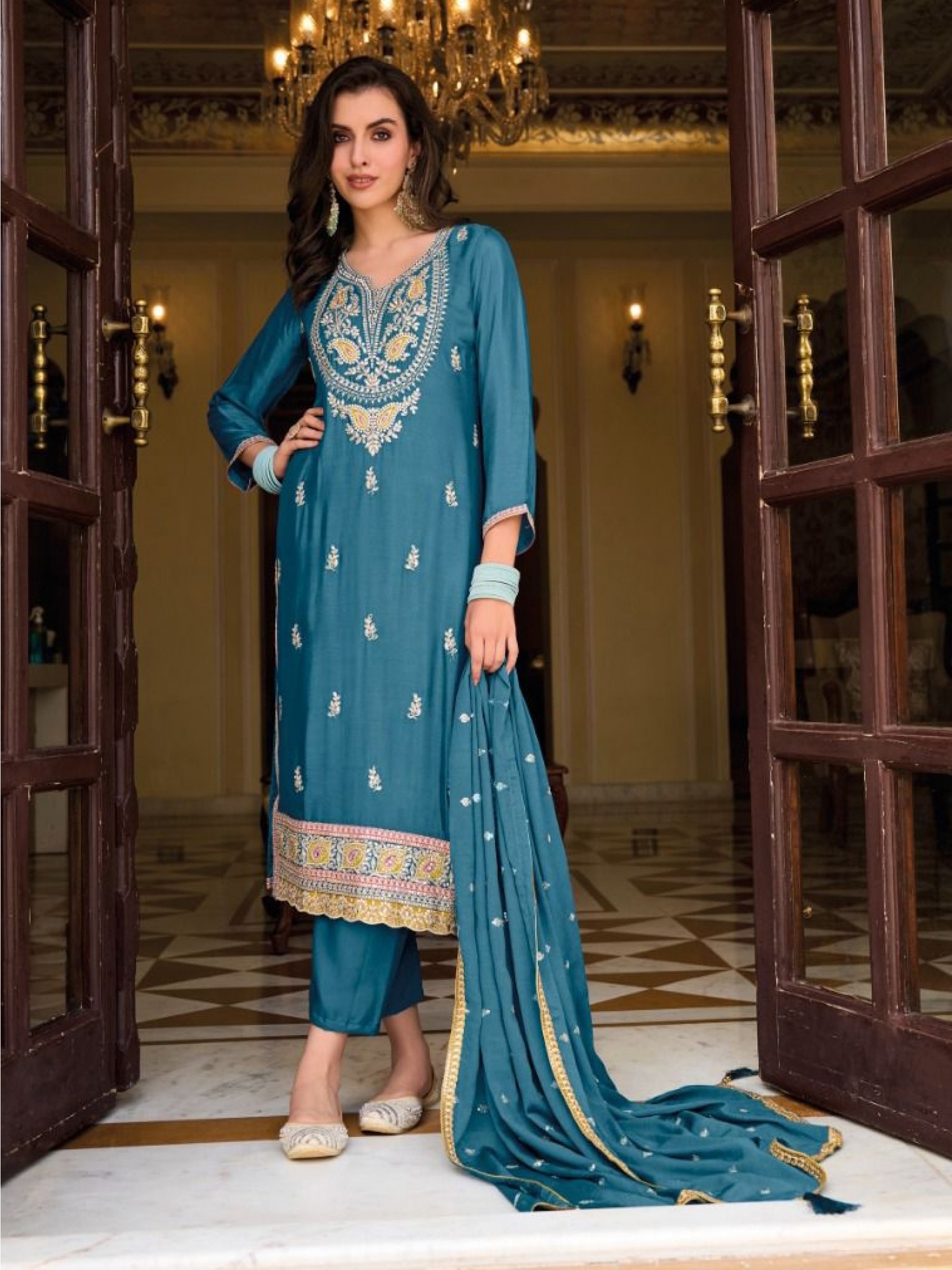 Chinon  Fabrics Party Wear Suit In  Blue Color With Embroidery Work